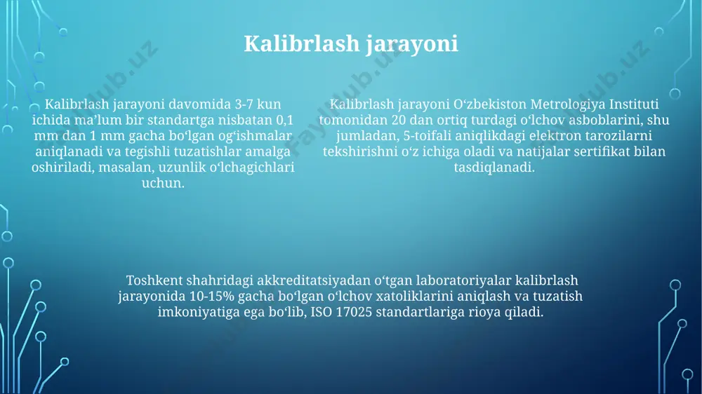 қлаш учун андижонда жойлашган компания 5 йилдан бери махсус дастурдан фойдаланади ва бу дастур орқали 2500 дан ортиқ потенциал хатоларни олдини олган. калибровка тизимини бошқаришда iso 17025 стандартига мувофиқ 5 тадан ортиқ лаборатория ходими тошкент шаҳридаги метрологик марказ билан ҳамкорлик қилади ва йилига 1000 дан ортиқ ўлчов асбобини калибровкадан ўтказади. ўзбекистоннинг 2-рақамли метрологик марказида 2023 йилда ўтказилган текширувлар натижасида 30% ўлчов асбобларининг ноаниқлиги аниқланган бўлиб, бу эса самaрқанд вилоятидаги корхоналарда жиддий муаммоларни келтириб чиқармоқда. kalibrlash xatoliklarini aniqlash va tahlil qilish o'lchov asboblarini kalibrlashda aniqlangan sistematik xatoliklarning 0,1 mm dan yuqori qiymatlari, andijon viloyatida joylashgan zavodlarda ishlab chiqarilgan asboblarga xos bo'lishi mumkin. kalibrlash jarayonida aniqlangan xatoliklarni tahlil qilishda, 5% dan yuqori bo'lgan o'lchovlar toshkent shahridagi standartlashtirish markazining ko'rsatmalariga muvofiq qayta tekshiriladi. kalibrlash jarayonida aniqlangan xatoliklarni tahlil qilishda, 5% dan yuqori bo'lgan o'lchovlar toshkent shahridagi standartlashtirish markazining ko'rsatmalariga muvofiq qayta tekshiriladi. kalibrlash xodimlarining malakasi va tayyorgarligi калибровка жараёнларида иштирок этувчи ходимлар iso …