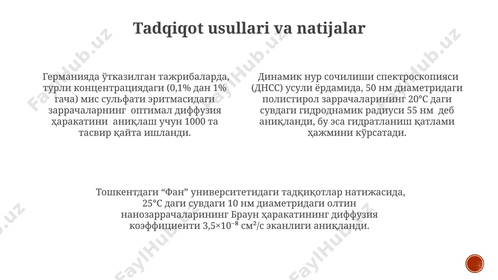 o'z ichiga olgan bo'yoqlar, qurilish sanoatida, masalan, frantsiya va yaponiyada ishlab chiqarilgan yuqori sifatli bo'yoqlar tarkibida keng qo'llaniladi, bu esa bardoshlilikni oshiradi. kolloid eritmalar, masalan, 20 nm dan kichik o'lchamdagi oltin zarrachalarini o'z ichiga olgan preparatlar, tibbiyotda, xususan, saraton hujayralarini aniqlash va davolashda qo'llaniladi, bu esa germaniya va aqshdagi tadqiqotlarda tasdiqlangan. oziq-ovqat sanoatida, taxminan 10-100 nm o'lchamdagi kolloid zarrachalardan foydalanib, emulgalar va stabilizatorlar sifatida qo'llaniladi, bu mahsulotning sifatini va yaroqlilik muddatini 3-5 baravar oshiradi, masalan, rossiya va xitoyda ishlab chiqarilgan mahsulotlarda. braun harakati va diffuziya diffuziya jarayonida, 1 sm³ hajmda 10¹⁴ ta kolloid zarracha bo'lgan eritmada, zarrachalarning konsentratsiyasi gradiyenti tufayli, zarrachalar yuqori konsentratsiyali hududdan past konsentratsiyali hududga tarqaladi. braun harakati kolloid zarrachalarining suvda 25°c da o'rtacha 10⁻⁸ m/s tezlikda tasodifiy harakatlanishiga olib keladi, bu esa albert eynshteyn tomonidan 1905-yilda stokgolmda tasvirlangan. braun harakati va diffuziya tezligi, masalan, 20°c da suvda, zarrachalarning o'lchami va eritmaning yopishqoqligiga bog'liq bo'lib, stokes-eynshteyn tenglamasi orqali …