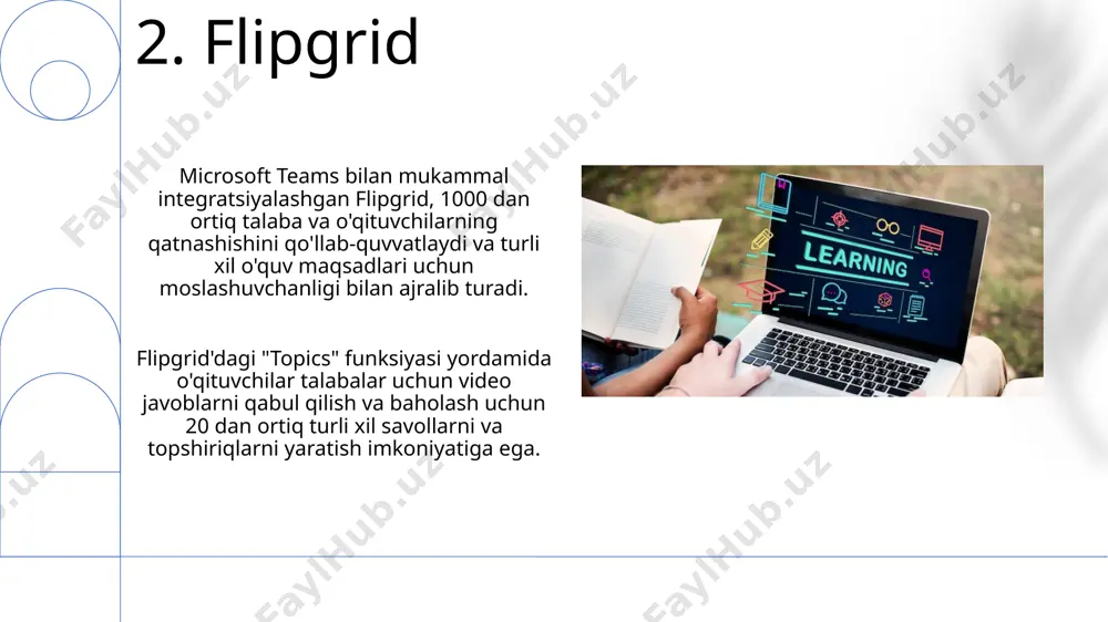 arslar va guruhlarda ishlashni qo'llab-quvvatlaydi. sharepoint saytlarini yaratish va boshqarish orqali o'qituvchilar o'quv materiallari, topshiriqlar va baholash natijalarini 500 dan ortiq foydalanuvchilarga osongina ulashish imkoniyatiga ega bo'ladi. 16.power bi ta'lim ma'lumotlarini tahlil qilish uchun microsoft power bi platformasi orqali ta'lim muassasalarida 20 dan ortiq turdagi ma'lumotlarni (masalan, test natijalari, qatnash darajasi, demografik ma'lumotlar) birlashtirish va murakkab hisobotlarni yaratish mumkin. power bi yordamida ta'lim muassasalarida o'quvchilarning akademik ko'rsatkichlarini tahlil qilish, masalan, 5000 talabaning o'rtacha ballarini hisoblash va 30% dan past ball olganlar sonini aniqlash mumkin. 17.windows 10 s ta'lim uchun windows 10 s ning soddalashtirilgan interfeysi va cheklangan ilovalar do'koni talabalarni chalg'ituvchi omillardan himoya qilib, o'qishga ko'proq vaqt ajratish imkonini beradi. microsoft 365 education to'plami bilan birgalikda ishlatilganda, windows 10 s talabalar va o'qituvchilar uchun 5 gb dan ortiq onlayn saqlash maydonini taqdim etadi. e'tiboringiz uchun rahmat @taqdimot_robot image1.png image2.jpg image3.jpg image4.jpg image5.jpg image6.jpg image7.jpg image8.jpg image9.jpg image10.jpg image11.jpg image12.jpg image13.jpg …