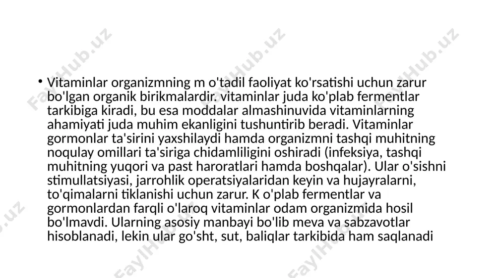 duch kelsa yoki hech qanday sababsiz odatiy jismoniy zo‘riqish bilan kurashishni to‘xtatsa, shifokorga murojaat qilish kerak. vitaminlar ikkita katta guruhga bo'linadi: suvda eruvchi vitaminlar в guruhi vitaminlari, с va pp vitaminlar yog'da eruvchilar vitaminlar a, d, e, к vitaminlari vitaminlar tanamizga bir necha usul bilan kiradi: - iste'mol qilingan oziq-ovqat bilan; - normal ichak mikroflorasi tomonidan ishlab chiqarilgan; - d vitamini terida ultrabinafsha nurlanish ta'sirida sintezlanadi. в vitamini (tiamin, anevrin) o'rmon yong'og'i, tozalanmagan gurunch, yaxshi maydalanmagan nonda, arpa va suli yormalarida saqlanadi, lekin uning miqdori pivo achitqilarida va jigarda juda kattadir. 7 yoshgacha bo'lgan bolalarning bu vitaminga bo'lgan talabi bir kecha-kunduzda 1 mg, 7 yoshdan 14 yoshgacha 1,5 mg, 14 yoshdan boshlab 2 mg va voyaga yetgan odamlarda 2-3 mg ni tashkil etadi. ovqatlar tarkibida bj vitamini yetishmaganida beri-beri kasalligi rivojlanadi. kasalning ishtahasi yo'qoladi, juda tez charchaydi, sekin-asta oyoq muskullarida holsizlanish paydo bo'ladi. so'ngra oyoq muskullarining sezuvchanligi vo'qoladi. ko‘rish va …