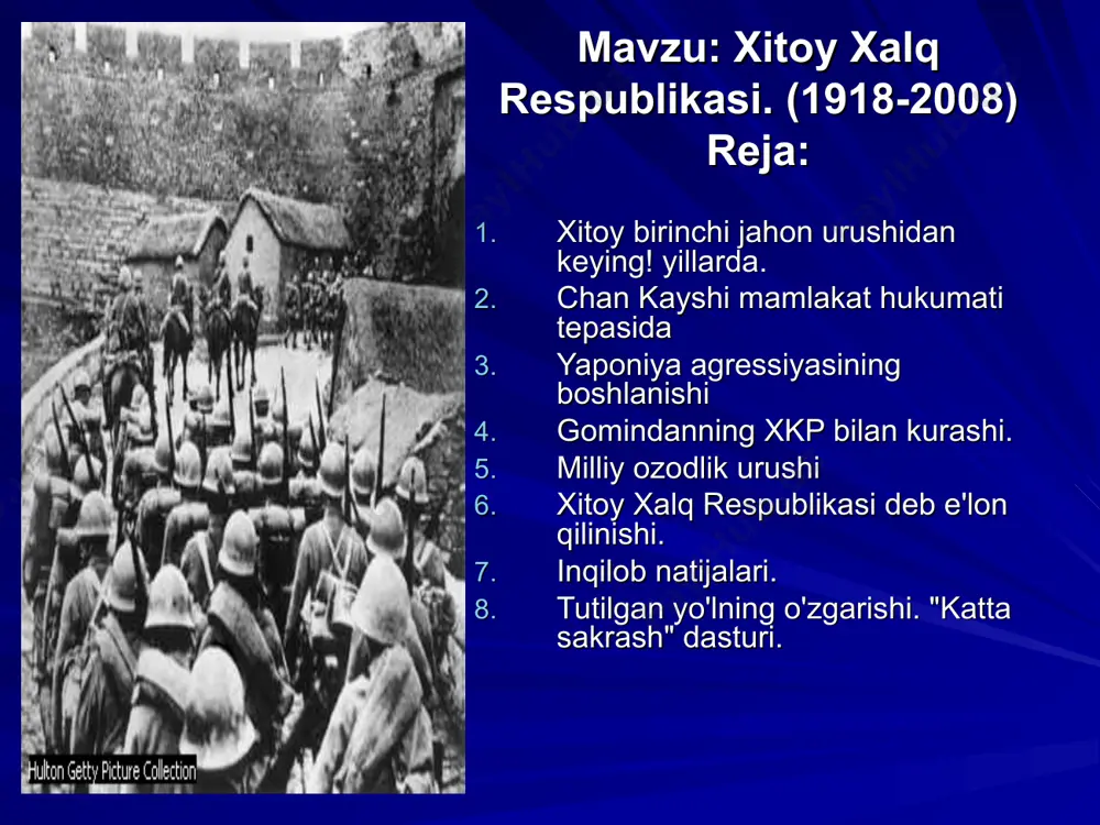 h konferensiyasi chaqirilishini talab qilishdi. faqat sianga kelgan xkp vakili, mao szedun o'rinbosari chjou enlayning aralashuvi chan kayshini sotqinligi uchun jazodan saqdab qoldi. chjou enlay bilan muzokaralar natijasida chan kayshi fuqarolar urushini to'xtatish va yapon agressiya-siga qarshilikni tashkil etish haqidagi talabni qabul qildi. 1937 yil iyulida barcha vatanparvar kuchlarni birlashtirgan yagona aksilyapon milliy fronti tashkil etildi. nisbatan katta bo'lmagan xalq qurolli kuchla-ri mehnatkashlar ommasining faol madadidan foyda-lanib, tezda kuchaydi va xitoyning ko'plab hududlarini ozod qilib, ularni xitoy inqilobining tayanchiga aylantirdi. 5. milliy ozodlik urushi xitoy xalqining yapon bosqinchilariga qarshi milliiozodlik urushi uzoq va og'ir bo'ldi. bu urush 1937 yil iyulida boshlanib, 8 yil, ya'ni 1945 yil sentabriga qadar davom etdi. yapon qo'shinlari xitoyda shunday keng hududni, jumladan, ko'plab yirik shaharlarni bosib olishga muvaffaq bo'lishdiki, natijada gomindanchi hukumat ikki marta o'z qarorgohini o'zgartirishiga to'g'ri keddi. urush davomida xitoy xalqi bosqinchilarning ortida yapon istilochilariga qarshilik bazalariga aylangan ozod hududlarni vujudga keltirdi. ilg'or …