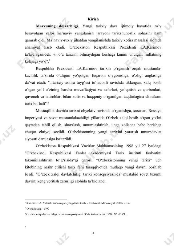 m aholini ko‘chirish siyosati tarixini o‘rganish muhim vazifa sifatida qaralmoqda. mazkur mavzuni ilmiy tadqiq qilish usha davrdagi qishloq aholisining qismati, taqdiri haqida fikr va tasavvurlarni to‘ldiradi va boyitadi. bugungi kunda o‘zbekistan hukumati agrar siyosatni to‘g‘ri tashkil etish, iqtisodiy islohotlarni yanada chuqurlashtirish va kengaytirish yo‘lida sovetlar davri tarixidan nazariy ilmiy va hayotiy jihatdan muhim xulosalarga asoslanib ish tutmoqda. o‘tmishdagi xato va nuqsonlarni takrorlamaslik, xususan, boshqaruvning ma’muriy-buyruqbozlik usulidan voz kechib, demokratik tamoyillarni. keng ko‘llash, dexqonlarning manfaatlari bilan birinchi o‘rinda hisoblashish, qishloq taraqqiyoti va farovonligi uchun zarur bo‘lgan chora-tadbirlar tizimini takomillashtirish yo‘lida sovetlarning aholini ko‘chirish siyosati va amaliyoti tajribasidan saboq olish, uni e’tiborga olish muhim ahamiyatga egadir. shu jihatdan ham mazkur mavzu nihoyatda dolzarb hisoblanadi. muammoning o‘rganilganlik darajasi. mavzuga doir adabiyotlarni xronologik jihatdan quyidagi ikki guruxga ajratish mumkin. 1. sovet xukmronligi davrida chop etilgan adabiyotlar. 2. mustaqillik davrida yaratilgan adabiyotlar. birinchi guruxga kiruvchi adabiyotlar tahlili shuni ko‘rsatadiki, o‘zbekistondagi 1920-1930 yillardagi aholini ko‘chirish siyosati …