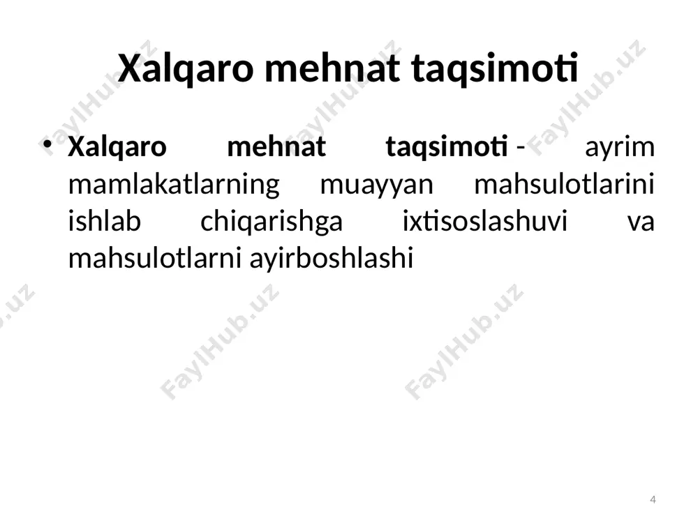 taqozo etuvchi global axborot tizimlari (internet) yanada rivojlanadi; b) sun’iy yo‘ldoshlar imkoniyatlaridan foydalanishning yangi tizimi uyali telefon aloqasidan yo‘ldoshlar orqali ta’minlanuvchi global aloqaga o‘tish imkonini beradi; g) internet orqali savdo tizimi keng rivojlanadi. 21 to‘rtinchi yo‘nalish to‘rtinchi yo‘nalish – jahon moliyaviy iqtisodiy inqirozidan chiqish va uning salbiy ta’sirini yumshatish maqsadida 20 ta rivojlangan mamlakatlar ishtirokida o‘tkazilgan sammitlarni misol qilib keltirish mumkin. bu va shunga o‘xshash muammolarning murakkablashuvi ularning o‘z vaqtida va tezkorlik bilan hal etilishida hukumatlararo va nohukumat (ishlab chiqaruvchilar, kompaniyalar va firmalar, ilmiy jamiyatlar va boshqa tashkilotlarning birlashmalari) xalqaro iqtisodiy tashkilotlarining birgalikdagi faoliyatini zaruriyatga aylantiradi. 22 jahon xo‘jaligi globallashuvi jarayonlarining ziddiyatli tomonlari turli mamlakatlardagi iqtisodiy rivojlanishning bir tekisda bormasligi. iqtisodiy o‘sishning jadallashuvida ilmiy-texnika inqilobi (iti) hal qiluvchi rol o‘ynaydi. xx asrning ikkinchi yarmiga kelib yangi texnika va texnologiyalarga «sakrab» o‘tilishi o‘ziga xos «tutash zanjir» hosil qildi. global miqyosdag axborotlashtirish natijasida turli mamlakatlarning texnologik jihatdan baravarlashuvi tendensiyasi kuchaydi. 23 boy …
