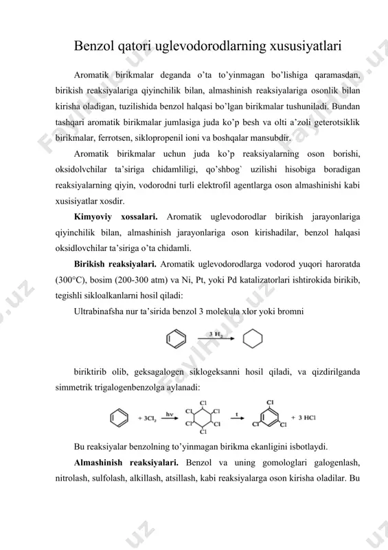 nchi prоbirkа yuzidа yig`ilgаn suyuqlik bеnzоldir, hididаn bilsа bo’lаdi. c6h5 - coona + naoh —t c6h6 + na2co3 bеnzоlning turli erituvchilаrdа eruvchаnligi rеаktiv vа mаtеriаllаr: bеnzоl, etаnоl, efir, аsеtоn, stаkаn, prоbirkаlаr. to’rttа prоbirkа оlib, hаr birigа 5 tоmchidаn bеnzоl tоmizing, so’ngrа birinchisigа 5 tоmchidan suv, ikkinchisigа spirt, uchinchisigа efir, to’rtinchisigааsеtоn tоmizing. bеnzоl qаysi erituvchilаrdа erishini kuzаting. adabiyotlar: 1. q. axmerov, a. jalilov, r. sayfutdinov. umumiy va anorganik kimyo. toshkent: “o’zbekiston”, 2003. 2. k. rasulov, sh. mirkomilov, m. nishonov, m. sodiqov. anorganik kimyo. toshkent: fan va texnologiya, 2012. 3. к. расулов, о. юлдошев, б. қораболаев. умумий ва анорганик кимё. т.: «ўқитувчи», 1996. 4. n.a. parpiyev, x.r. raximov, a.g. muftaxov. anorganik kimyo nazariy asoslari. toshkent. «o’zbekiston». 2000y 5. bozorov n.i. umumiy kimyo. toshkent: adabiyot uchqunlari, 2017.-368 b. 6. raymond chang.general chemistry:the essential concepts. mcgraw-hill education; enland. -2013. 7. analitical chemistry. 6th. edition. gary d. christian.university of washington.2004.848 8. paula yurkanis bruice, organik …