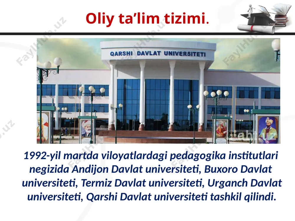 lial harakatlar strategiyasida ta’lim va o‘qitish sifatini baholashning xalqaro standartlariga o‘tishda oliy ta’lim muassasalari faoliyati va samaradorligini oshirishdagi ustuvor vazifalar belgilab olindi. oliy ta’limdan keyingi ta’lim. 2012-yilga qadar aspirantura (3 yil) va doktorantura (3 yil)dan iborat bo‘lib, 2012–2017-yillarda bir bosqichli doktorantura faoliyat olib bordi. bakalavr magistratura aspirantura doktorantura 2013–2017-yillar oralig‘ida faqat 360 ga yaqin tadqiqotchi doktorlik dissertatsiyasini himoya qilgan. 2017 yilning 1-iyulidan boshlab oliy o‘quv yurtidan keyingi ta’limning ikki pog‘onali tizimi joriy etildi. birinchisi – dissertatsiya himoya qilish va tegishli fan tarmog‘i bo‘yicha falsafa doktori (phd) ilmiy darajasini berishni nazarda tutuvchi tayanch doktorantura. ikkinchisi – dissertatsiya himoya qilish va tegishli fan tarmog‘i bo‘yicha fan doktori (doctor of science) ilmiy darajasini berishni nazarda tutuvchi doktorantura tizimidir savol va topshiriqlar: 1. mustaqillik yillarida qanday yangi oliy o‘quv yurtlari tashkil etildi? 2. bugungi kunda oliy ta’lim muassasalarining soni qancha? ularning yildan-yilga ortib borish omillari nimada? 3. oliy ta’limdan keyingi ta’lim tizimining mustaqillik yillaridagi …