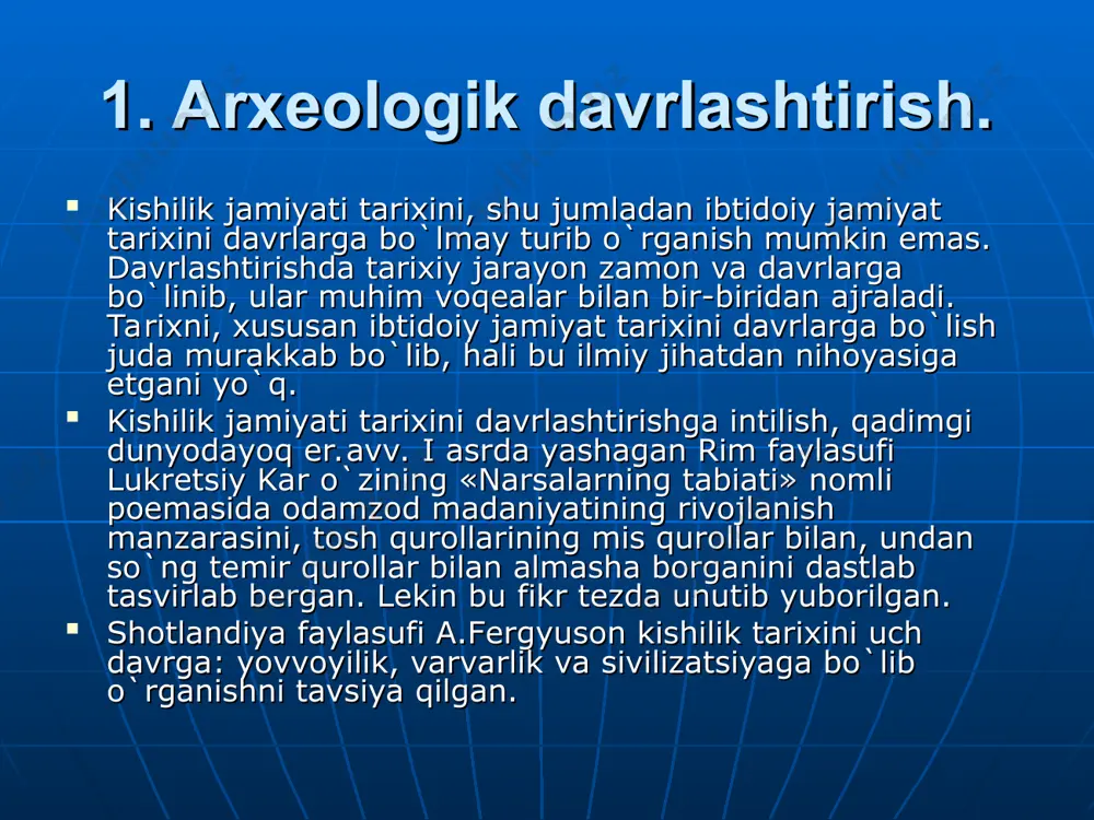 i bosqichida kulolchilik joriy qilingan bo`lsa, o`rta bosqichda hayvonlar qo`lga o`rgatilib xonakilashtirildi, sug`orma dеhqonchilik vujudga kеladi. yuqori bosqich esa tеmir rudasini eritish bilan boshlanadi. arxеologiya, antropologiya, etnografiya, lingvistika, xalq og`zaki ijodiyoti va boshqa fanlarning 100 yildan ko`proq vaqt ichida qo`lga kiritgan yangiliklari, morganning davrlashtirilishida kamchiliklar borligini ko`rsatdi. kеyingi davrdagi arxеologik kashfiyotlar ibtidoiy kishilar olovdan morgan faraz qilgan vaqtda ilgariyoq foydalanganliklarini isbotlab bеrdi. xix asrning ikkinchi yarmida zaruriy dalillarning yo`qligi tufayli morgan va boshqalar ibtidoiy jamiyat tarixi, uning o`ziga xos xususiyatlariga еtarlicha darajada yuqori baho bеra olmadilar. savollar ibtidoiy jamoa tuzumini davrlashtirishda l.g. morgan qanday hissa qo`shdi? morgancha davrlashtirishda yovvoylik qanday bosqichlardan iborat? morgancha davrlashtirishda varvarlik davri qanday bosqichlardan iborat? ibtidoiy gala davri arxеologik va morganchasiga davrlashtirishning qaysi bosqichiga to`g`ri kеladi? ibtidoiy urug` jamoalari davri arxеologik va morganchasiga davrlashtirishning qaysi davriga to`g`ri kеladi? 4. tarixiy davrlashtirish. ibtidoiy jamoa tuzumini ijtimoiy munosabatlar jihatidan ikki bosqichga bo`lib o`rganish maqsadga muvofiq dеb biladilar. ulardan …