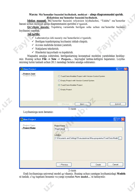 ities papkasining ustiga o‘ng tugmani bosib, add entity buyrug‘ini tanlaymiz: 6-rasm all items oynasida avtomatik tarzda entity1 munosabati hosil bo‘ladi. kursorni ustiga olib kelib, 2 marotaba bosamiz. entity properties oynasi ochiladi. general bo‘limida munosabatga umumiyjadval deb nom beramiz: 7-rasm attributes bo‘limiga o‘tamiz va add tugmasi yordamida 12 ta atribut qo‘shamiz. 8-rasm edit tugmasi yordamida attribute properties oynasini ochamiz va atributning xususiyatla- rini beramiz. atributga tn deb nom beramiz, turini integer deb tanlaymiz va ok tugmasini bosamiz. 9-rasm keyingi atribut ismi, turi varchar, uzunligi length 20 ta belgi va ok tugmasini bosamiz. 10-rasm qolgan atributlarning nomlari, turlari va uzunliklarini ham shu tariqa aniqlab chiqamiz: 11-rasm atributlarni aniqlab bo‘lgach, kalitlarni kiritamiz. buning uchun kays bo‘limiga o‘tib, add tugmasi yordamida 2 ta kalit qo‘shamiz: 1) tn atributi uchun a_tn birlamchi noyob kalit 12-rasm 2) pas_ser, pas_raq atributlariga tarkibli k_ps noyob kalit qo‘yamiz. buning uchun edit tugmasini bosib pas_ser, pas_raq atributlarini ro‘yhatning o‘ng qismiga …