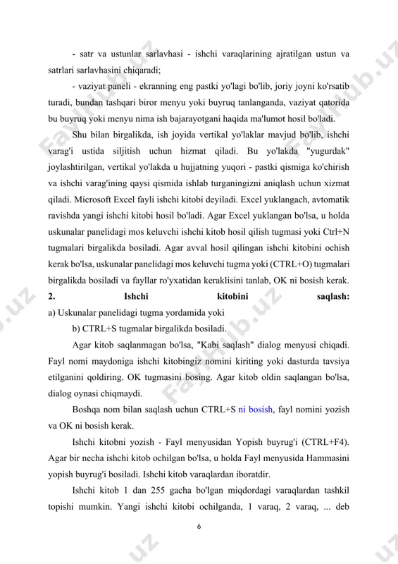 gan katakcha faol katakcha deyiladi. faol katakchalar ustida quyidagi amallarni bajarish mumkin: a) katakchaga berilganlarni kiritish; b) katakchadagi mavjud berilganlarni tahrirlash; v) katakchalarni nusxalash; g) katakchalarni ko'chirish; d) katakchalarni formatlash; e) katakchalarni tozalash; j) katakchalarni faollashtirilgandan so'ng, unga to'g'ridan-to'g'ri berilganlarni kiritish - klaviaturada terish, enter ni bosish; z) berilganlarni formula satri orqali katakchaga kiritish - formula satriga bosish, klaviaturada terish, kiritish tugmasini bosish. katakchada saqlanishi mumkin bo'lgan berilganlarning turi: - doimiy qiymatlar (sana, vaqt, pulli miqdorlar, foizlar, kasrlar yoki matn) - bu ma'lumotlar katakchaga toki yangi ma'lumotlar kiritilmaguncha, o'zgarmasligini ta'kidlash lozim. kasr sonlarni kiritishda ularni " , " lar bilan ajratiladi. sana va vaqtlarni kiritish xaqida gapirib bering. - formulalar (mavjud qiymatlardan doimiy qiymat, katakcha adreslari, funktsiyalarni keltirib chiqarish ketma-ketligi) - agar ishchi varag'ining qiymatlari o'zgarsa, formula hisoblash natijasi sifatida chiqaruvchi qiymatlar ham o'zgarishini ta'kidlab o'ting (buni birorta funktsiya misolida tushuntiring). kiritishdan voz kechish uchun: 1. tuzatish menyusidan voz kechishi …