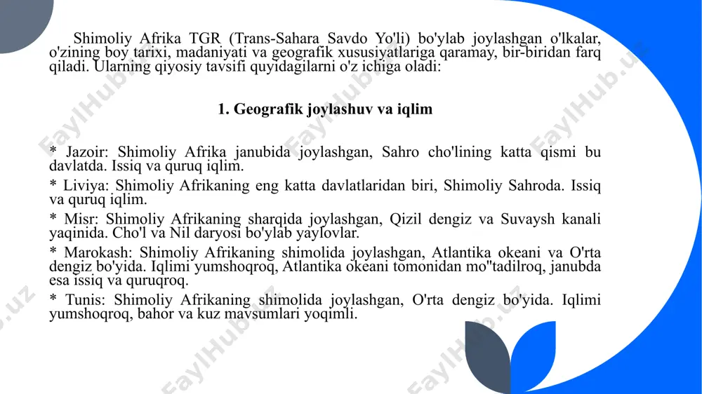 tutsiyaviy monarxiya, qirol boshliq. * tunis: respublika, prezidentlik boshqaruv shakli. 5 5. tarix va madaniy merosi 6 jazoir: rim imperiyasi davrida rim koloniyalari bo'lgan, keyin arablar tomonidan bosib olingan. liviya: qadimgi davrlarda fenikiya va rim koloniyalari bo'lgan, keyin arablar tomonidan bosib olingan. misr: qadimgi misr tsivilizatsiyasining vatanidir, dunyodagi eng qadimgi tsivilizatsiyalardan biri. marokash: qadimgi davrlarda rim va vizantiya hukmronligi ostida bo'lgan, keyin arablar tomonidan bosib olingan. tunis: qadimgi davrlarda fenikiya va rim koloniyalari bo'lgan, keyin arablar tomonidan bosib olingan. image1.png /docprops/thumbnail.jpeg