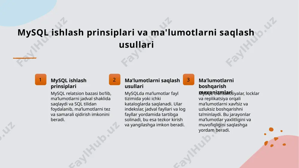 i samarali qiladi. 2 so'rovlarni optimallashtirish - to'g'ri yozilgan sql so'rovlari va indekslar bilan birga, so'rovlar bajarilish vaqtini kamaytiradi va tizim samaradorligini oshiradi. 3 bir nechta indekslar - bir nechta indekslar o'zaro bog'langan so'rovlarni tezlashtiradi. ammo, ularni noto'g'ri qo'llash resurslarni ortiqcha ishlatishga olib kelishi mumkin. 4 indekslarni boshqarish - indekslarni doimiy monitoring qilish va optimallashtirish, bazaning samarali ishlashini ta'minlaydi. keraksiz indekslarni olib tashlash muhimdir. mysqlda ma'lumotlar ba'zasining samarali ishlashini ta'minlash uchun konfiguratsiya va monitoring usullari 1 konfiguratsiya optimallashtirish mysql konfiguratsiya fayllarini sozlash orqali tizim resurslarini samarali foydalanishni ta'minlash mumkin. masalan, buffer pool va cache parametrlarini optimallashtirish ishlashni yaxshilaydi. 2 monitoring vositalari mysql monitoring uchun performance schema va sys schema kabi vositalardan foydalaniladi. bu usullar yordamida tizim holati, so'rovlar va resurslardan foydalanishni kuzatish mumkin. 3 indekslar va optimallashtirish to'g'ri indekslar yaratish va so'rovlarni optimallashtirish orqali ma'lumotlar bazasining ishlash tezligini oshirish mumkin. bu jarayon jarayonlarni sezilarli darajada tezlashtiradi. 4 resurslarni boshqarish tizim …