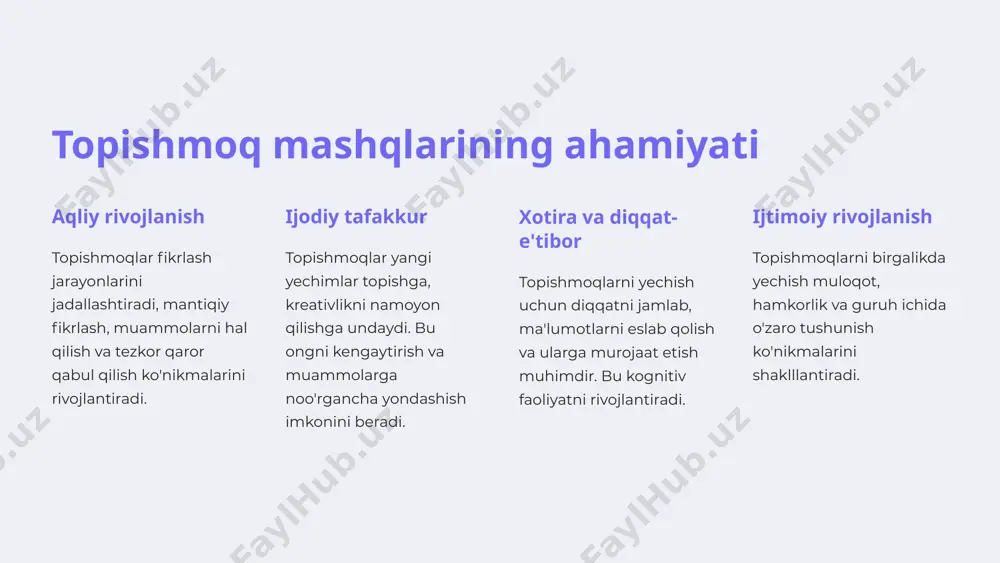 ularning yechish qobiliyatini rivojlantiradi. guruh ishlari talabalar guruhlar bo'lib ishlash orqali bir-birlariga ko'mak beradilar, fikr almashishadi va hamkorlikda echimlar topishadi. faol ishtiroki topishmoqlar talabalarni darsda faol ishtirokini ta'minlaydi, ularning qiziqishlarini oshiradi va yangi bilimlarni mustahkamlaydi. qiziqarli musobaqa topishmoq yechish talabalarni raqobatga qiziqtiradi, ularni intellektual o'yin-kulgi bilan birlashtiradi. 9 topishmoqlarning rivojlantiruvchi xususiyatlari diqqat va kuzatuvchanllikni rivojlantirish topishmoqlar bolalarning diqqatini topshirilgan vazifaga jalb qiladi va ularning kuzatuvchanligini oshiradi. bu hayotiy muhim malakalarni shakllantiradi. logik tafakkurni shakllantirish topishmoqlarni yechish uchun bolalar muammoni tahlil qilish, variantlarni taqqoslash va eng maqbul echimni topish kabi kognitiv jarayonlarni amalga oshirishlari zarur. ijodiy qobiliyatlarni oshirish qiziqarli topishmoqlar bolalarni yangi yechimlarni izlashga va rejalashtirishga undaydi, bu ularning ijodiy qobiliyatlari rivojlanishiga yordam beradi. muammolarni hal qilish malakalarini shakllantirish topishmoqlarni yechar ekan, bolalar muammolarni aniqlash, tahlil qilish va yechish uchun zarur bo'lgan ko'nikmalarni egallaydilar. 10 topishmoq darsi natijalarini baholash 5 baholash mezonlari topishmoq yechish jarayoni, mantiqiy fikrlash, kreativlik va ijodkorlik kabi …