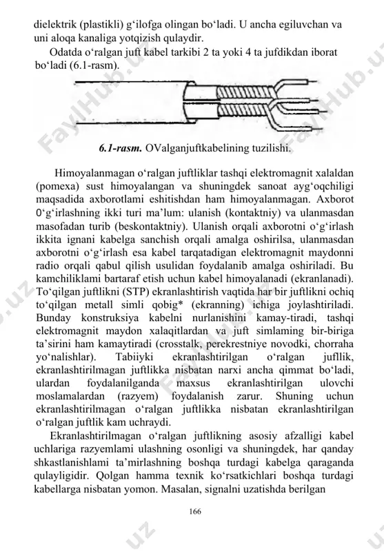 ‘ralgan juftlik asosidagi kabel tuzilishi ikkita mis sim dielektrik material bilan har biri alohida qoplanib, ular о zaro bir-biriga o‘ralgan, bunday juftliklaming bir nechtasi umumiy 165 dielektrik (plastikli) g‘ilofga olingan bo‘ladi. u ancha egiluvchan va uni aloqa kanaliga yotqizish qulaydir. odatda o‘ralgan juft kabel tarkibi 2 ta yoki 4 ta jufdikdan iborat bo‘ladi (6.1-rasm). 6.1-rasm. ovalganjuftkabelining tuzilishi. himoyalanmagan o‘ralgan juftliklar tashqi elektromagnit xalaldan (pomexa) sust himoyalangan va shuningdek sanoat ayg‘oqchiligi maqsadida axborotlami eshitishdan ham himoyalanmagan. axborot 0‘g‘irlashning ikki turi ma’lum: ulanish (kontaktniy) va ulanmasdan masofadan turib (beskontaktniy). ulanish orqali axborotni o‘g‘irlash ikkita ignani kabelga sanchish orqali amalga oshirilsa, ulanmasdan axborotni o‘g‘irlash esa kabel tarqatadigan elektromagnit maydonni radio orqali qabul qilish usulidan foydalanib amalga oshiriladi. bu kamchiliklami bartaraf etish uchun kabel himoyalanadi (ekranlanadi). to‘qilgan juftlikni (stp) ekranlashtirish vaqtida har bir juftlikni ochiq to‘qilgan metall simli qobig* (ekranning) ichiga joylashtiriladi. bunday konstruksiya kabelni nurlanishini kamay-tiradi, tashqi elektromagnit maydon xalaqitlardan va juft simlaming …
