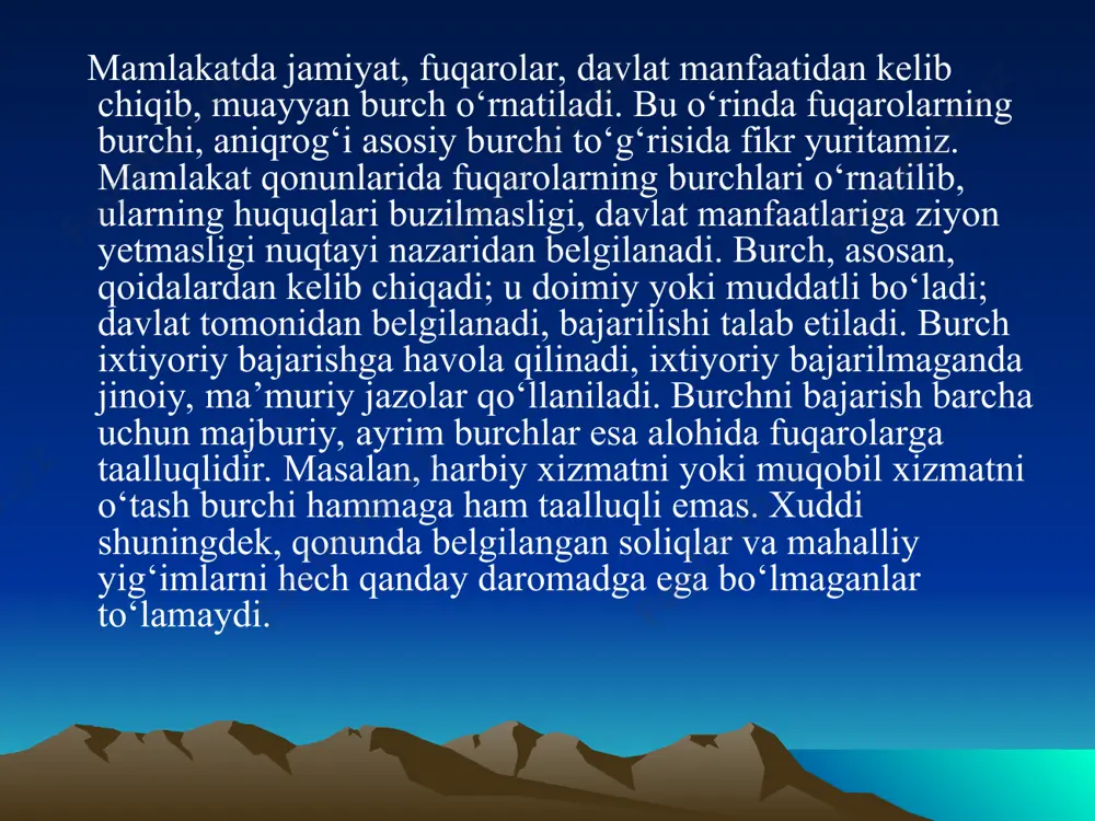 qonunlarga rioya etishga, boshqa kishilarning huquqlari, erkinliklari, sha’ni va qadr-qimmatini hurmat qilishga majburdirlar». demak, birinchidan, har bir fuqaro, nafaqat, konstitutsiyaga, balki barcha qonunlarga rioya etishga majbur. bu qonuniylik prinsipining mazmun va mohiyatiga mos kelib, ana shu prinsipning amalga oshishini ta’minlashni nazarda tutadi. ikkinchidan, har bir kishi — fuqaro boshqa kishilarning huquqlari, erkinliklari, sha’ni va qadr-qimmatini hurmat qilishga majburdir. shaxs va fuqarolarning huquqiy holatiga taalluqli konstitutsiya normalarida ham fuqarolar o‘z huquq va erkinliklarini amalga oshirishda boshqa shaxslarning, davlat va jamiyatning qonuniy manfaatlari, huquqlari va erkinliklariga putur yetkazmasliklari shart, deyilgan qoida mavjud (konstitutsiyaning 20-moddasi). ana shu narsa konstitutsiyaning asosiy burch to‘g‘risidagi normalarida ham belgilanib, uning majburiyligiga alohida konstitutsiyaviy maqom berilgan. fuqarolarning shaxsiy huquqlarini belgilovchi konstitutsiya normalarida, har kimga o‘z sha’ni va obro‘siga qilingan tajovuzlardan, shaxsiy hayotiga aralashishdan himoyalanish huquqi berilgan bo‘lsa (konstitutsiyaning 27-moddasi), konstitutsiyaning 48-moddasiga asosan, boshqa kishilarning huquqlari, erkinliklari, sha’ni va qadr-qimmatini hurmat qilishga faqat davlat organlari, mansabdor shaxslar, jamoat birlashmalarigina …