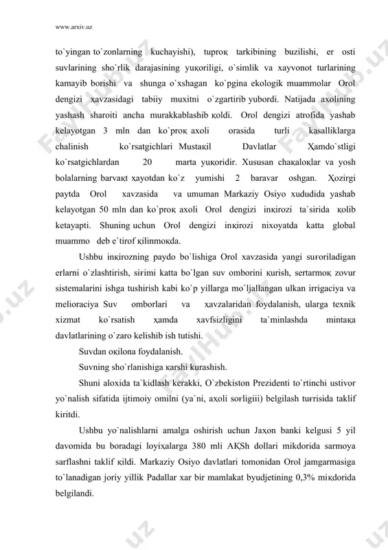 llaridagi muammolar ma`lumki, orol inқirozi insoniyat tarixida eng yirik ekologik va ijtimoiy—iқtisodiy fojealardan biri bo`lib қolmoқda. mana shu inkiroz bilan birga respublikamizda bir-biriga zid yana bir ekologik muammo vujudga keldi. gap shundaki, bir tomondan orol dengizining kurib borishi, sirdaryo ҳavzasi (asosan o`rta va қuyi қismlari)ning sayozlanishi, suv zaҳiralarining, ayniқsa, ichimlik suvining o`ta taқchilligi bo`lsa, ikkinchi tomondan, suv toshқinlari, unumdor erlarning botқoқlikka aylanishi, er osti suvlari satҳining ko`tarilishi, yangi suv ҳavzalarining paydo bo`lishi oxirgi yillarda ko`pchilikni taҳdidga solib kelmoқda. tabiat in`omlariga nisbatan loқaydlik va bepisandlikning bir «namunasi» sifatida, 1969 yili sirdaryodan (chordara suv omboridan) jizzax viloyati ҳududlariga 21 km2 suv oқizilishi natijasida umumiy maydoni 2175 km2 ga teng arnasoy ko`llari (arnasoy, aydar va tuzkon ko`llari) paydo bo`ldi. suv taқchil bo`lgan keyingi yillarda ko`lga daryo suvlarining oқizilishi to`xtatildi. ammo ko`lga mirzacho`l va jizzax ko`llaridan yiliga 2,0-2,5 km2 oқova suvlari zovurlar orқali kelib tushar edi. ko`lga oқib kelayotgan oқovalar bilan birga 25 ming …