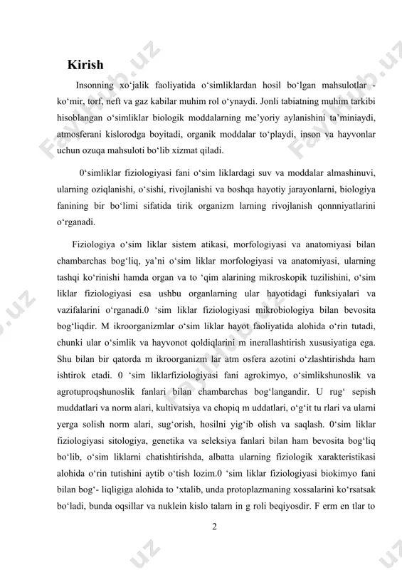 ni yerga solish norm alari, sug‘orish, hosilni yig‘ib olish va saqlash. 0‘sim liklar fiziologiyasi sitologiya, genetika va seleksiya fanlari bilan ham bevosita bog‘liq bo‘lib, o‘sim liklarni chatishtirishda, albatta ularning fiziologik xarakteristikasi alohida o‘rin tutishini aytib o‘tish lozim.0 ‘sim liklar fiziologiyasi biokimyo fani bilan bog‘- liqligiga alohida to ‘xtalib, unda protoplazmaning xossalarini ko‘rsatsak bo‘ladi, bunda oqsillar va nuklein kislo talarn in g roli beqiyosdir. f erm en tlar to ‘g ‘risid ag i ta ’limot, o‘sim liklarning kimyoviy reaksiyalarni o‘rganish imkoniyatini yaratdi. 0 ‘z r f a ,,b otanika“ ilm iy-ishlab chiqarish markazi olimlarining ma’lumotlariga koʻra, 0 ‘zbekistonda 4500 ga yaqin yuksak o‘simlik turlari o‘sadi. bular orasida xalq xo‘jaligining turli tarmoqlarida ishlatib kelinayotgan va 0ʼzbekiston respublikasi „qizil kitobi“ ga kiritilgan turlar bor. 0‘zbekiston o‘simliklari to‘g‘risida yozilgan 6 jildli „ф лора узбекистана“ nomli monografiya 1941 — 1962- yillarda nashr etilgan. oxirgi tom ning kitobxonlarga havola ctilganiga 40 yildan ortiq vaqt oʼtdi. m …