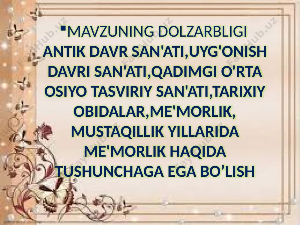 o'zlashtirish, amaliy ko'nikma va malakalarini rivojlantirish, samarali ish metodlarini shakllantirish) aniqlash. o'quv materialining mazmunini belgilashda o'quvchilarning yosh xususiyatlarini hisobga olib, dars materialining hajmi va murakkabligini belgilash. o'quv materialining mazmunini tevarak-atrof bilan bog'lash, o'tilgan materiallarni amaliy mashg'ulotlar bilan bog'lash; o'quvchilarni mustaqil ijodiy ishlarining tizimini aniqlash, darsning jihozi hamda asosiy adabiyotlar manbalarini belgilash. darsning didaktik va tarbiyaviy vazifalarini aniqlash. amaliy ijodiy ishlarini kompozitsiya jihatdan murakkabligi o'quvchilarning yosh xususiyatlarini, fazilatlarini hisobga olgan holda mos bo'lishi kerak. o'quv materialining mazmuni va didaktik maqsadlariga mos keladigan ta'lim metodi va usullarini tanlash. didaktik vazifalar darsning o'zida bajarilishi. o'quv materialining mazmunini rejalashtirish vaqtida dastur doirasidan chiqmaslik. antik davr san'ati qadimgi dunyo san'ati, ayniqsa, misr, yunoniston, rim tasviriy san'ati jahon tasviriy san'atining asosi hisoblanadi. qadimgi osiyo xalqlari yaratgan me'morlik, haykaltaroshlik va hunarmandchilik asarlari hozirgi vaqtda ham o'z badiiy qiymatini saqlab kelmoqda. misr san'ati dastlabki sinfiy jamiyat — fir'avnlar boshchiligidagi qullar davlati vujudga kelishi bilan birga paydo bo'lgan. qadimgi …