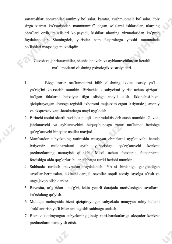 idan - to`g`ri, lekin yetarli darajada motivlashgan savollarni ko`ndalang qo`yish. 6. muloqot mobaynida bizni qiziqtirayotgan subyektda muayyan ruhiy holatni shakllantirish yo`li bilan uni tegishli suhbatga undash. 7. bizni qiziqtirayotgan subyektning jinoiy xatti-harakatlariga aloqador konkret predmetlarni namoyish etish. 8. bir zumlik, kutilmagan, psixologik jihatdan ta`sirchan hayotiy holatlarni yaratish. 9. odatdagi faoliyat sharoitini yaratish. 4. jinoyatchi shaxslar bilan aloqa o`rnatishning psixologik asoslari. jinoyatchilar bilan aloqa o`rnatish uchun avvalo ular bilan muzokaralar olib borish muhimdir. muzokara olib borish qobiliyati yoki diplomatiya asrlar mobaynida murakkab aqliy faoliyat jarayoni deb hisoblab kelingan. to`qnashuvlarning oldini olish yoki ularga chek qo`yish, murosa yo`llarini qidirish, ikkala tarafni qanoatlantiradigan qarorga kelish muzokara yo`li shartnomalar tuzish ko`nikmasini talab etadi. tomonlarning biri vujudga kelgan vaziyatni o`zgartirish istagini bildirgan chog`dan boshlab, muzokaralar boshlanadi. muzokaralar insonlararo muomalaning yuksak vositasi, qadim o`tmishdan beri qo`llanilib kelinayotgan ajoyib ixtirosidir. har qanday ijod kabi muzokara olib borish-asablarni tarang qiladigan og`ir aqliy mehnatdir. jinoyatchilar bilan muzokara o`tkazishda eng …