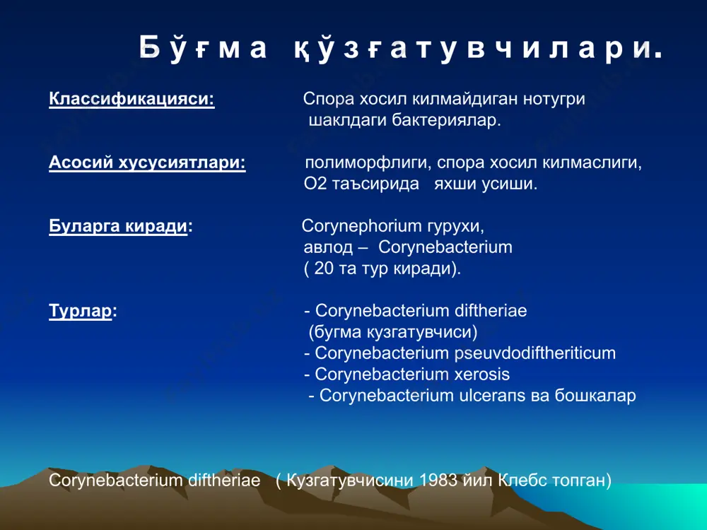 аолиятини яхшиловчи: витаминлар, гормонлар, ёток режим, 2 маротаба манфий анализдан сунг жавоб берилади профилактикаси махсус специфик профилактикаси: акдс – вакцина 3 ойда (1– 45 кун – 45 кун) 3 маротаба = 0,5 мл. адс – анатоксин. эпидемия даврида 95% - ахолига килинади. россияда хозирги кунда кулланилмокда (2004 й): тетракокк –: коклюш, дифтерия, кокшол, полиомиелит. дт вакс – таркибида дифтер., кокшол = болалар 6 ёшгача. дт адюлт – таркибида дифтер., кокшол. = усмирлар ва ёши катталар учун. бубо-кок = акдс + гепатит в. кук йутал кузгатувчиси. классификацияси: бержи буйича 11 гурухга киритилган озик мухитларига талабчан . аэроб. грам (-) таёкча ва коккобациллалар киради. бу гурухга 4 та авлод киритилган. francisella, brucella, bordetella, legionella. bordetella (кук йутал кузгатувчиси ) bordetella pertusis bordetella parapertusis bordetella bronchoseptica кузгатувчини 1906 йилда борде ва жангу ажратиб олган. асосий хусусияти асосий хусусиятлари: улчамлари кичик ( 0.2-0.3х0.5-1.0 ) коккобацилла, харакатсиз ва харакатчан турлари учрайди, биполяр буялиши мумкин. грам …