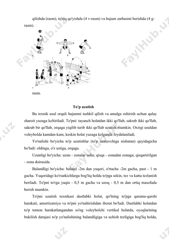 l ishlashi hisobiga sakrashning yuqori nuqtasidan to'p uzatiladi. xuddi shu holatda qisqa to'p uzatishda asosiy harakat qo'l barmoqlarining faol ishlashi hisobiga amalga oshiriladi (6-rasm). to'pni orqa tomonga (mo'ljalga orqa tomon bilan turganda) uzatishda o'yinchi to'pning tagiga kirib boradi. bunda qo'lning orqa kaft qismi bosh orqasigacha ko'tariladi. to'p uzatish qo'llarni tirsak qismida bukib-yozish hisobiga bajariladi, gavda orqaga-yuqoriga harakatlanadi, bunda harakat umurtqa pog'onasining ko'krak va bel qismlarining bukilishi hisobiga bo'ladi (7-rasm). sakrab orqaga to'p uzatish xuddi tayanch holatda orqaga to'p uzatish kabi bajariladi. to'p uzatishning eng murakkab usuli bu sakrab bir qo'l bilan to'p uzatishdir. bu usul to'p to'r ustiga kelib qolgandagi murakkab sharoitda bajariladi. bu holda qo'l tirsaklarda bukilib, oldinga chiqariladi (8-rasm). kaftlar oldinga qaratiladi, barmoqlar bukilib, tarang holga keltiriladi. to'p uzatish tirsak bo'g'inining bukib-yozilishi hisobiga bajariladi. to'p kiritish bu texnik usul orqali to'p o'yinga kiritiladi. bu usulning asosiy maqsadi to'pni raqib jamoasiga iloji boricha qiyin qilib berishdir. shuning uchun bu …