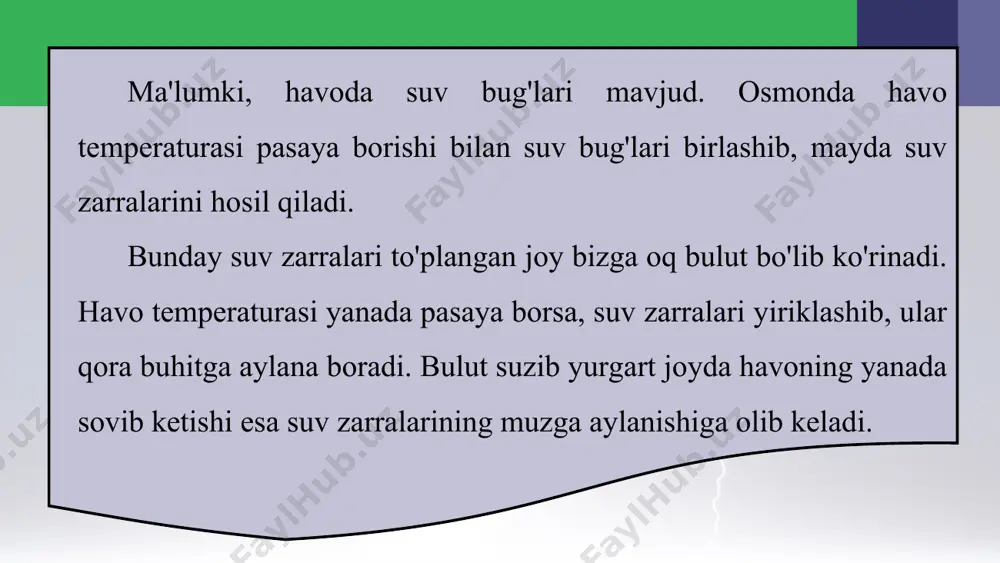 ashina yoki odamni ham yashin urishi mumkin. bunday paytlarda balandlikda, daraxt tagida turish, pichan g'arami ostiga yashi-rinish ham xavflidir. odatda, baland minora va binolarni qurishda ularning tepasiga yashinqaytargichlar o'rnatiladi (27-rasm). yashinqaytargich - minora, binolarni, sanoat va qishloq xo'jaligi inshootlarini yashin urishidan himoya qiluvchi qurilmadir. yashinqaytargich uchli o'tkazgichdan iborat bo'lib, u yo'g'on sim orqali yerga chuqur ko'milgan metall qoziqqa ulanadi. yerga yaqinlashgan zaryadlangan bulut o'z zaryadini birinchi galda minora yoki bino ustiga o'matilgan yashin-qaytargichga beradi. juda ko'p miqdordagi elektr zaryadi minora yoki binoga shikast yetkazmay, yashinqaytargich orqali yerga o'tib ketadi.