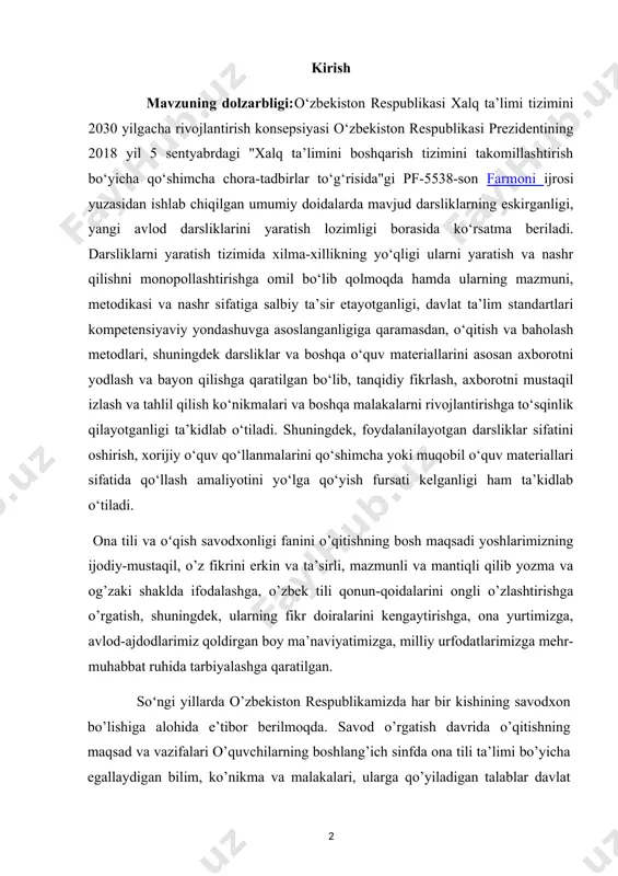 da savod o’rgatish jarayoni ikki davrga bo’lib ko’rsatilgan: alifbegacha bo’lgan tayyorlov davri va alifbo davri. “alifbe” darsligiga asoslangan holda savod o’rgarish o’quv darslari o’quvchilarni 4 oy davomida elementar o’qishga, yozuv darslari esa yozishga o’rgatilishi lozim. boshlang’ich sinflarda o’qitilayotgan ona tili va o’qish savodxonligi darslari adabiyot fanining tarkibiy qismi hisoblanadi. dasturlarning o’qish va nutq o’stirish bo’limida o’tkaziladigan mashg’ulotlar mazmuniga; o’quvchilarni to’g’ri, ravon, ma’lum darajadagi tezlik bilan ifodali o’qishga o’rgatish; bolaning ona - vatan, uning tabiati kishilar mehnatidagi qahramonlik, jasurlik, milliy istiqlol g’oyalarini ular ongiga singdirish kabi bilimlarni boyitish orqali o’quvchilarning bilim, ko’nikma malakalari kengaytiriladi, shakllanadi va mustahkamlanadi. ona tili va o’qish savodxonligi darslarini davlat talablari asosida hayotiy tajribalarga, kuzatishlarga suyanib, hayotga bog’lab o’tishi uning ta’sirchanligi ongli idrok etishlarini ta’minlaydi. o’qish va nutq o’stirishning ta’limiy - tarbiyaviy maqsadlari, sinflar bo’yicha o’qish mazmunini o’qish ko’nikmalarining og’zaki va yozma nutqlarini rivojlantirish usullarini, o’qish mashg’ulotlarining yozma nutq bilan bog’lanish kabi masalalar aniq kiritilgan. ona tili …