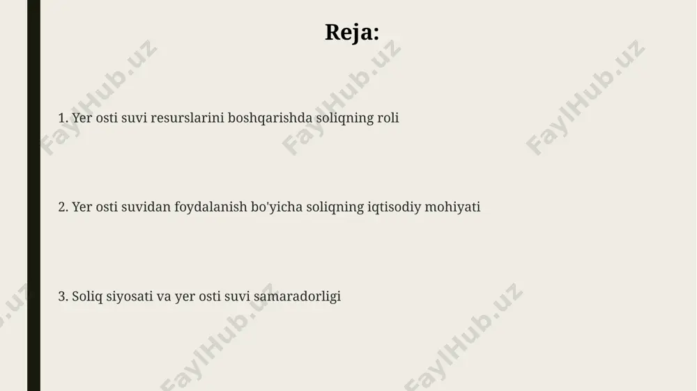500 ga yaqin dehqon xo'jaligini suv ta'minoti bilan ta'minlashga yordam beradi. 2022-yilda samarqand viloyatida muqobil suv manbalaridan foydalanishni qo'llab-quvvatlash dasturiga 5 million aqsh dollari miqdorida investitsiya kiritildi, bu 1000 dan ortiq fermer xo'jaligiga ta'sir ko'rsatdi. yer osti suvlaridan foydalanishga soliq solishning davlat byudjetiga ta'siri toshkent shahrida yer osti suvlaridan foydalanishga qo‘yilgan soliqlarning samaradorligini baholash natijalariga ko‘ra, 2023 yil yakunlari bo‘yicha suv iste’moli 8% ga kamaydi, bu esa byudjetga 3 million dollarlik qo‘shimcha tejamkorlikni ta’minladi. buxoro viloyatida yer osti suvlaridan olingan soliqlarning 20% dan ortig‘i suv resurslarini muhofaza qilish va suv ta'minoti infratuzilmasini modernizatsiya qilishga yo‘naltirildi. taxminan 10 million dollar miqdorida mablag‘ sarflandi. yer osti suvlaridan foydalanishga solinadigan soliqlar 2022-yilda o‘zbekistonning andijon viloyati byudjetiga 5 milliard so‘m qo‘shimcha daromad keltirdi, bu umumiy soliq yig‘imlarining 1,5% ni tashkil etdi. soliqni to'lash mexanizmlari va nazorati навоий вилоятида солиқ тўловчиларининг 80% дан ортиғи ер ости сувларидан фойдаланиш учун солиқни ўз вақтида тўлаб, жарималардан қочишган. …