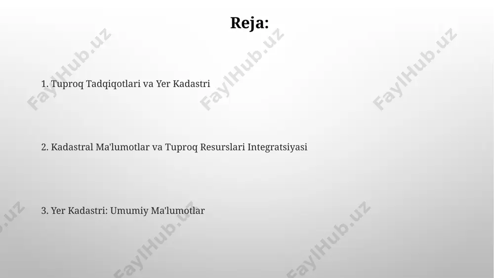 astr xaritalarini tuzishda geodezik o'lchovlarning aniqligi 1:10000 masshtabda 5 sm dan oshmasligi kerak, bu esa yuqori aniqlikdagi ma'lumotlarni ta'minlaydi. zamonaviy datchiklar va gnss texnologiyalari yordamida kadastr xaritalarini tuzish jarayoni 30% ga tezlashdi va 15% ga arzonlashdi. tuproq tadqiqotlarining ahamiyati geografik axborot tizimlari (gat) bilan birlashtirilgan tuproq xaritalari, 500 gektardan ortiq maydonlar uchun samarali yer boshqaruvi va rejalashtirish imkoniyatlarini beradi. tuproq tadqiqotlari o'simliklarning o'sishini optimallashtirishga yordam beradi, hosildorlikni 15-20% ga oshirishi va shu bilan dehqonchilik samaradorligini sezilarli darajada yaxshilaydi. kadastr ma'lumotlarining turlari yer uchastkalari to‘g‘risidagi kadastr ma’lumotlari tarkibiga 100 dan ortiq atributiv xususiyatlar, shu jumladan, egalik shakli, maqsadli foydalanish, yerning sifat ko‘rsatkichlari va boshqa muhim parametrlar kiradi. kadastr ma’lumotlar bazasida 5 ga yaqin turdagi topografik xaritalar, shu jumladan, topografik asos, yerning relyefi, gidrografiyasi va boshqa elementlarini aks ettiruvchi rastr va vektorli ma’lumotlar saqlanadi. tuproqning kimyoviy va fizik xususiyatlari tuproqning organik moddalar miqdori unumdorlikni belgilaydi, 2-5% oralig'ida bo'lishi maqsadga muvofiq hisoblanadi. yuqori …