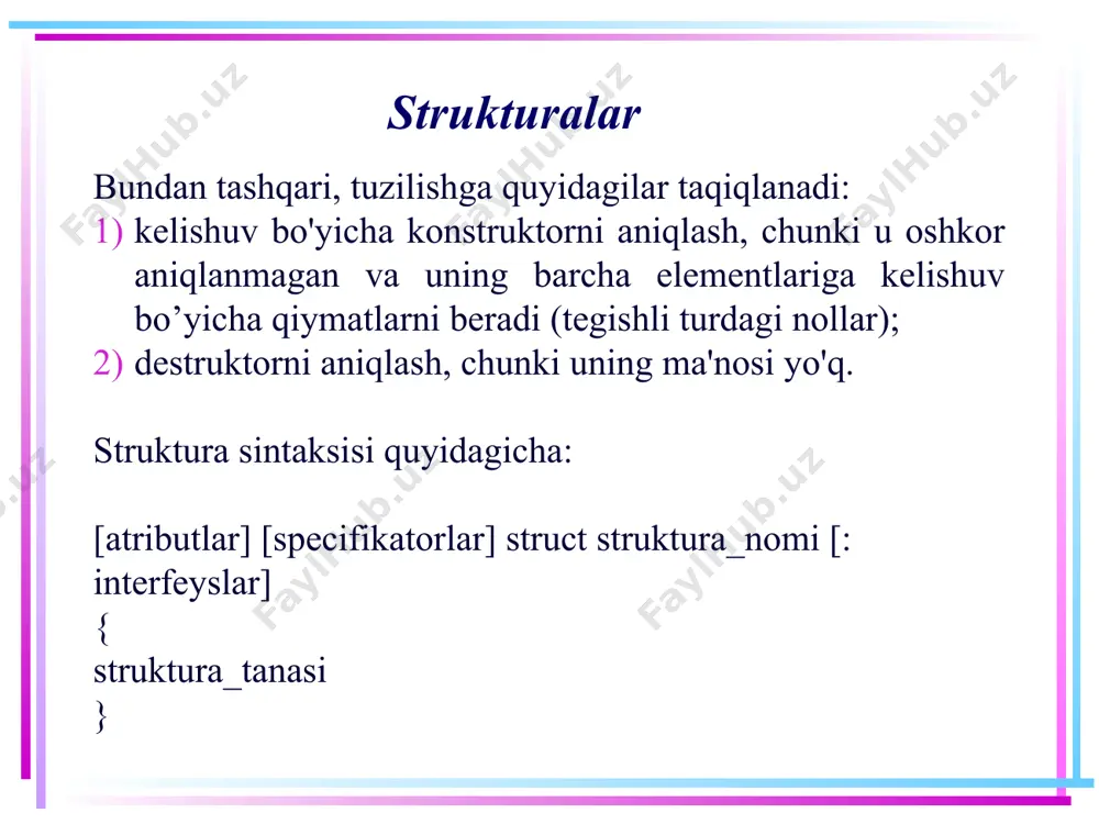 latish mumkin, lekin qiymat berish uchun qo’llab bo’lmaydi. strukturalar ierarxiyada ishtirok eta olmasligi sababli, uning a'zolari uchun protected va protected internal spetsifikatorlardan foydalanib bo’lmaydi. struktura metodlari abstrakt va virtual bo'lishi mumkin emas. va faqat object bazaviy sinfidan voris bo'lib o'tgan metodlargina qayta aniqlanishi mumkin. 4 strukturalar sinflar bilan bir qatorda, strukturalar c # da berilganlar turlarini yaratishning yana bir usulini taqdim etadi. bundan tashqari, int, double va boshqa turlar kabi ko'plab primitiv turlar aslida struktulardir. masalan, shaxsni ifodalovchi strukturani aniqlaylik: struct user { public string name; public int age; public void displayinfo() { console.writeline($"name: {name} age: {age}"); } } 5 strukturalar sinflar singari, strukturalar ham holatni o'zgaruvchi sifatida saqlashi va xatti-harakatni metod sifatida belgilashi mumkin. shunday qilib, yuqoridagi holda ikkita o'zgaruvchi aniqlangan - mos ravishda shaxsning ismini va yoshini saqlash uchun name va age o'zgaruvchilari va shaxs haqida ma'lumotni ekranga chiqazish uchun displayinfo metodi aniqlangan. ushbu strukturani dasturda foydalanamiz: 6 …