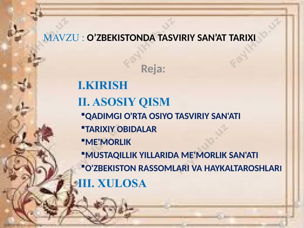 ymoqda. bu talablarning asosiylari quyidagilardan iborat: darsda ta'limiy-didaktik, tarbiyaviy, rivojlantiruvchi maqsad- larni to'g'ri qo'ya bilish va ularni amalga oshirish. darsda ta'limning faol usul va uslublarni qo'llay bilish. 3. dars jarayonida xalq pedagogikasi an'analarini, jahon pedagogikasi, ruhshunosligi borasida yaratilgan yangiliklarni sintetik tarzda ishlatish. «zamonaviy talablar» tushunchasi san'at va fan sohasidagi yutuqlar janliyatning rivojlanish darajasini hisobga olgan holda, darsga qo'yilgan talablar bo'lib, tasviriy san'at o'qitishning maqsad va vazifalariga mos tarzda keyingi o'quv-kasbiy hamda pedagogik faoliyatiga tayyorlashda xizmat qilishni bildiradi. tasviriy san'at darslarida milliy merosimiz, qadriyatlarimiz, madaniyatimiz, san'atimiz, buyuk ajdodlarimiz o'gitlari, hikmatga tola hadislarimiz, asotirlar, rivoyatlardan unumli foydalanib borish maqsadga muvofiqdir. ma'lumki, keyingi yillarda tajribali metodist olimlar, ruhshu-noslar va amaliyotchi-o'qituvchilarning o'quv jarayonini tahlil qilish sohasida o'tkazilgan tadqiqotlari dars samaradorligini oshi-rishi, pedagogik va didaktik shart-sharoitlarga bog'liq ekanligini ko'rsatmoqda. eng muhim shart-sharoitlar quyidagilar: - yangi avlod darsliklari, didaktik va metodik o'quv ko'rgazmali qurollar hamda o'qitishning innovatsion, pedagogik va axborot texnologiya vositalari bo'lishi; o'qituvchi bilan o'quvchilar …