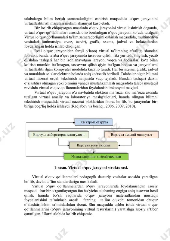 uallashtirish, multimediya va tarmoq tizimlari yordamida o‘quv jarayonini tashkil etish yotadi. kompyuter texnologiyalari o‘quv jarayonini tashkil etish va boshqarishda, o‘quv rejalar, o‘quv dasturlari va o‘quv materiallarini yaratishga tavsiyalar ishlab chiqishda, testlashtirish va nazorat qilishda pedagogik xodimlarga ko‘makchi vazifasini bajaradi. tadqiqot obyekti sifatida o‘quv jarayonida kompyuter tarmoqlaridan foydalanish, talabalarning ta’lim tizimida olgan bilimlarini baholash va nazorat qilish tizimidan foydalanish jarayoni olindi. tadqiqotni o‘tkazishda pedagogik kuzatish, suhbat, pedagogik tajriba, to‘plangan ma’lumotlarni taqqoslash va solishtirish metodlaridan foydalanildi. bugungi kunga kelib ta’lim tizimida zamonaviy axborot texnologiya imkoniyatlaridan foydalanish jadal tus olmoqda. shu qatorda oliy ta’lim tizimida talabalarga bilim berish samaradorligini oshirish maqsadida o‘quv jarayonini virtuallashtirish masalasi muhim ahamiyat kasb etadi. biz ko‘rib chiqayotgan masalada o‘quv jarayonini virtuallashtirish deganda, virtual o‘quv qo‘llanmalari asosida olib boriladigan o‘quv jarayoni ko‘zda tutilgan. virtual o‘quv qo‘llanmalari ta’lim samaradorligini oshirish maqsadida, multimediya vositalari (animatsiya, ovoz, tasvir), grafik, sxema, jadval va hokazolardan foydalangan holda ishlab chiqilgan. real o‘quv jarayonidan farqli o‘laroq …