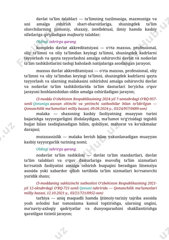 lat akkreditatsiyasi — o‘rta maxsus, professional, oliy ta’limni va oliy ta’limdan keyingi ta’limni, shuningdek kadrlarni tayyorlash va qayta tayyorlashni amalga oshiruvchi davlat va nodavlat ta’lim tashkilotlarini tashqi baholash natijalariga asoslangan jarayon; maxsus davlat akkreditatsiyasi — o‘rta maxsus, professional, oliy ta’limni va oliy ta’limdan keyingi ta’limni, shuningdek kadrlarni qayta tayyorlash va ularning malakasini oshirishni amalga oshiruvchi davlat va nodavlat ta’lim tashkilotlarida ta’lim dasturlari bo‘yicha o‘quv jarayoni boshlanishidan oldin amalga oshiriladigan jarayon; (3-modda o‘zbekiston respublikasining 2024-yil 7-sentabrdagi o‘rq-957-sonli qonuniga asosan oltinchi va yettinchi xatboshilar bilan to‘ldirilgan — qonunchilik ma’lumotlari milliy bazasi, 09.09.2024-y., 03/24/957/0689-son) malaka — shaxsning kasbiy faoliyatning muayyan turini bajarishga tayyorgarligini ifodalaydigan, ma’lumot to‘g‘risidagi tegishli hujjat bilan tasdiqlanadigan bilim, qobiliyat, mahorat va ko‘nikmalar darajasi; mutaxassislik — malaka berish bilan yakunlanadigan muayyan kasbiy tayyorgarlik turining nomi; oldingi tahrirga qarang. nodavlat ta’lim tashkiloti — davlat ta’lim standartlari, davlat ta’lim talablari va o‘quv dasturlariga muvofiq ta’lim xizmatlari ko‘rsatish faoliyatini amalga oshirish huquqini beradigan litsenziya …