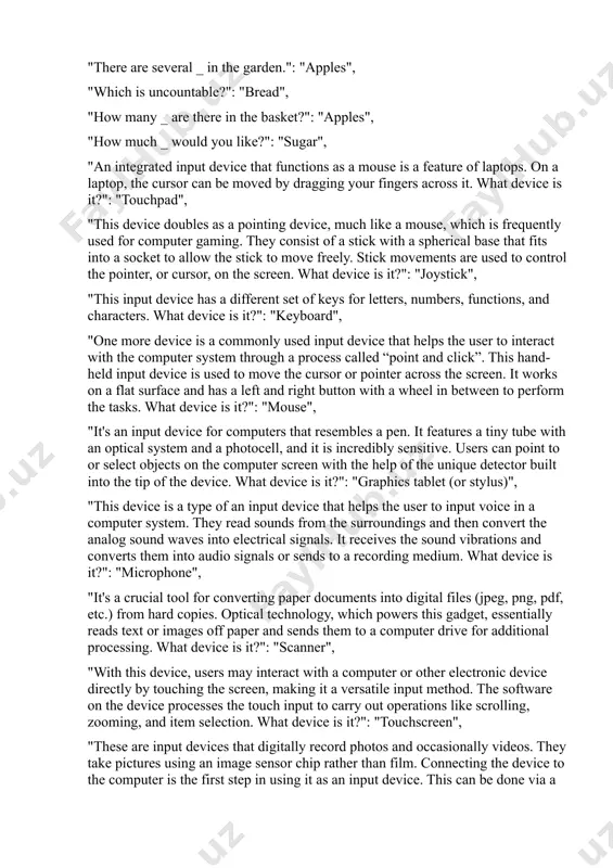l tool for converting paper documents into digital files (jpeg, png, pdf, etc.) from hard copies. optical technology, which powers this gadget, essentially reads text or images off paper and sends them to a computer drive for additional processing. what device is it?": "scanner", "with this device, users may interact with a computer or other electronic device directly by touching the screen, making it a versatile input method. the software on the device processes the touch input to carry out operations like scrolling, zooming, and item selection. what device is it?": "touchscreen", "these are input devices that digitally record photos and occasionally videos. they take pictures using an image sensor chip rather than film. connecting the device to the computer is the first step in using it as an input device. this can be done via a wireless connection, a memory card reader, or a usb cable. what device is …