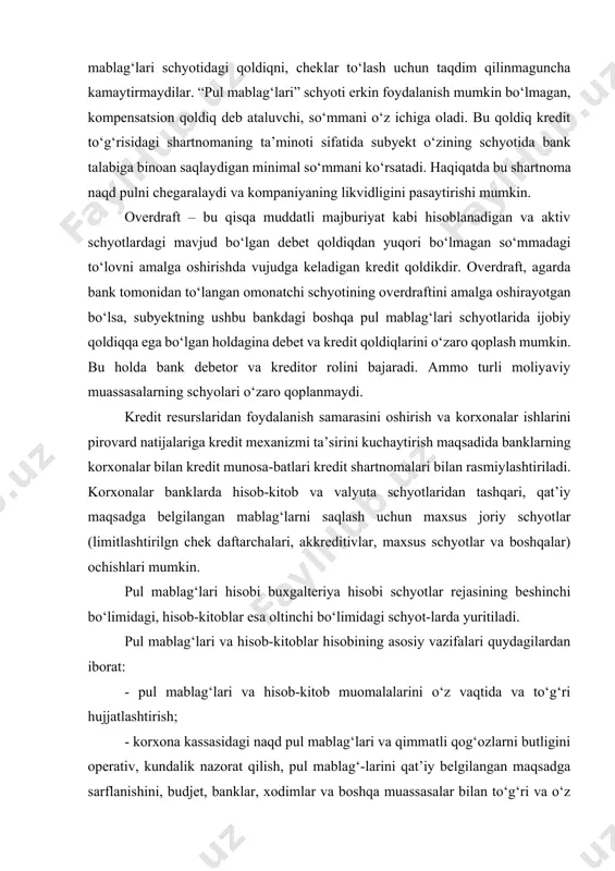 kkreditivlar, maxsus schyotlar va boshqalar) ochishlari mumkin. pul mablag‘lari hisobi buxgalteriya hisobi schyotlar rejasining beshinchi bo‘limidagi, hisob-kitoblar esa oltinchi bo‘limidagi schyot-larda yuritiladi. pul mablag‘lari va hisob-kitoblar hisobining asosiy vazifalari quydagilardan iborat: - pul mablag‘lari va hisob-kitob muomalalarini o‘z vaqtida va to‘g‘ri hujjatlashtirish; - korxona kassasidagi naqd pul mablag‘lari va qimmatli qog‘ozlarni butligini operativ, kundalik nazorat qilish, pul mablag‘-larini qat’iy belgilangan maqsadga sarflanishini, budjet, banklar, xodimlar va boshqa muassasalar bilan to‘g‘ri va o‘z vaqtida hisoblashishlarni, mol sotib oluvchi va mol yuboruvchilar bilan shartnomada belgilangan hisoblashish shakllariga amal qilishni nazorat qilish; - qarzlarni qaytarish muddatidan o‘tkazib yubormaslik maqsadida debitorlar va kreditorlar bilan olib boriladigan hisob-kitoblarni o‘z vaqtida solishtirish. bozor iqtisodi sharoitida pul mablag‘ini va uning ekvivalentlarini saqlash, kirimi va sarfi ustidan qattiq va tizimli nazorat o‘rnatish lozim. chunki ular tez harakat qiladigan va ugirlanishi nisbatan oson bo‘lgan mablag‘lardir. shuning uchun ularni saqlash, kirim va sarflanishini nazorat qilishning quydagi usullarini qo‘llash maqsadga muvofiqdir: …