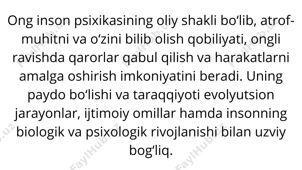 rsiyat nuqtai nazaridan talqini; onglilik xususiyatining ziddi. maʼlumki, inson ongining yuksak shakllari uzoq ijtimoiy- tarixiy taraqqiyotning keyingi davrida vujudga kelgan. shu bois ongning paydo boʻlishi toʻgʻrisida mulohaza yuritganda ijtimoiy borliq, ijtimoiy taraqqiyot, ularga nisbatan munosabat asosiy uslubiy mezon vazifasini bajarib kelgan va hozir ham shunday. ongsizlikning onglilikdan farqi shuki, u aks ettiradigan voqelik subyektning kechinmalari, uning borliqqa munosabati bilan uygʻunlashib ketadi. shuning uchun ongsizlikda subyekt tomonidan amalga oshiriluvchi xatti-harakatlar natijasini ixtiyoriy ravishda nazorat qilish va baholash imkoniyati mavjud emas. ongsizlik voqelik subyekt tomonidan oʻxshashlik, ayniyat singari mantiqiy shakllarga asoslanib aks ettiriladi. bu holda bevosita emotsional his qilish, emotsional yuqish va identifikatsiyalashga daxldorlik tuygʻusi orqali turlicha hodisalar oʻzining tuzilishi, mohiyati jihatidan oʻziga xoslikdan qatʼi nazar, bir tizimga birlashtiriladi, psixologik obyektlar oʻrtasidagi muayyan xususiyatlar oʻrtasidagi tafovutlar, mantiqiy qarama- qarshiliklar yaqqol namoyon boʻladi. ongsizlikda oʻtmish bilan kelajak koʻpincha bir davrda hukm surayotgandek, goʻyoki ular biron-bir psixik aktga bevosita birlashgan tarzda aks ettiriladi. xulosa …