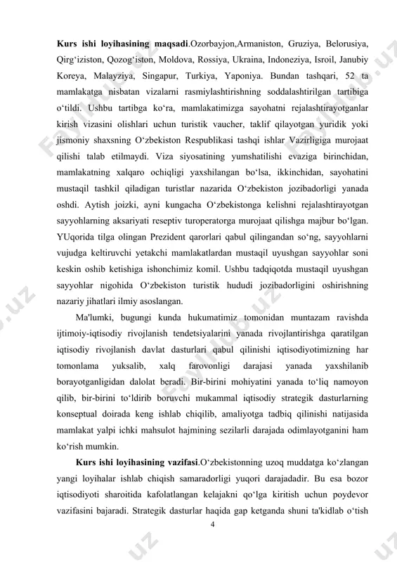 yotimizning har tomonlama yuksalib, xalq farovonligi darajasi yanada yaxshilanib borayotganligidan dalolat beradi. bir-birini mohiyatini yanada to‘liq namoyon qilib, bir-birini to‘ldirib boruvchi mukammal iqtisodiy strategik dasturlarning konseptual doirada keng ishlab chiqilib, amaliyotga tadbiq qilinishi natijasida mamlakat yalpi ichki mahsulot hajmining sezilarli darajada odimlayotganini ham ko‘rish mumkin. kurs ishi loyihasining vazifasi.o‘zbekistonning uzoq muddatga ko‘zlangan yangi loyihalar ishlab chiqish samaradorligi yuqori darajadadir. bu esa bozor iqtisodiyoti sharoitida kafolatlangan kelajakni qo‘lga kiritish uchun poydevor vazifasini bajaradi. strategik dasturlar haqida gap ketganda shuni ta'kidlab o‘tish zarurki, mamlakat iqtisodiy ko‘rsatkichlarini yanada oshirish yo‘lida mamlakatga xorijdan investitsiyalar kiritish hajmini sezilarli darajada oshirish muhim yo‘nalish bo‘lib qoladi. davlatimiz tomonidan esa aholi imkoniyatlarini ro`yobga chiqarish uchun huquqiy maydon, qonuniy vositalar va kafolatlar tizimi izchil vujudga keltirilmoqda. tabiiyki, bu boradagi me`yoriy-huhuhiy asosni takomillashtirish, ushbu sohadagi islohotlarni izchil rivojlantirish va jadallashtirish bo`yicha zamonaviy talablarga javob beradigan yangi qonun hujjatlarini qabul qilish muhim vazifalar sirasiga kiradi. o`zbekiston respublikasi qonunining qabul qilinishi bu …
