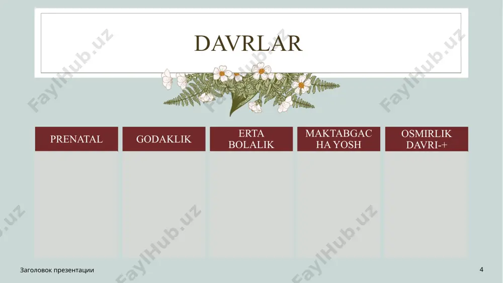 резентации 17 erik erikson (erik erikson) nazariya: psixosotsial rivojlanish nazariyasi. erikson rivojlanishni umr bo‘yi davom etadigan jarayon sifatida ko‘rib, 8 psixosotsial bosqichni ajratgan. har bir bosqichda inson ijtimoiy muammolarni hal qilish orqali rivojlanadi (masalan, ishonchga erishish, identifikatsiya, o‘zlikni anglash). заголовок презентации 18 abraham maslow nazariya: insonparvarlik psixologiyasi va ehtiyojlar iyerarxiyasi. maslow inson psixikasining rivojlanishini ehtiyojlarni qondirish bilan bog‘ladi. uning piramidasi: fiziologik ehtiyojlar, xavfsizlik, ijtimoiy ehtiyojlar, hurmat va o‘zini o‘zi anglash (samoaktualizatsiya) bosqichlarini o‘z ichiga oladi. заголовок презентации 19 inson psixikasini rivojlantiruvchi omillar: biologik omillar: genetik meros, asab tizimi faoliyati. ijtimoiy omillar: oilaviy tarbiya, maktab ta’limi, atrof-muhit. psixologik omillar: hissiy tajribalar, motivatsiya, individual xususiyatlar. psixikaning rivojlanishi individuallik va ijtimoiylik o‘rtasidagi muvozanatni shakllantirishga qaratilgan bo‘lib, bu insonning o‘zini o‘zi anglashida va jamiyatda o‘z o‘rnini topishda muhim ahamiyat kasb etadi. заголовок презентации 20 ontogenezda inson psixikasining rivojlanishi - bu murakkab jarayon bo'lib, u turli bosqichlardan iborat. har bir bosqichda kognitiv, emotsional va ijtimoiy …