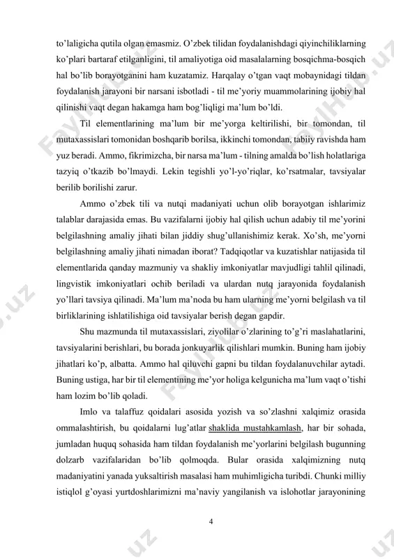 o’g’ri maslahatlarini, tavsiyalarini berishlari, bu borada jonkuyarlik qilishlari mumkin. buning ham ijobiy jihatlari ko’p, albatta. ammo hal qiluvchi gapni bu tildan foydalanuvchilar aytadi. buning ustiga, har bir til elementining me’yor holiga kelgunicha ma’lum vaqt o’tishi ham lozim bo’lib qoladi. imlo va talaffuz qoidalari asosida yozish va so’zlashni xalqimiz orasida ommalashtirish, bu qoidalarni lug’atlar shaklida mustahkamlash, har bir sohada, jumladan huquq sohasida ham tildan foydalanish me’yorlarini belgilash bugunning dolzarb vazifalaridan bo’lib qolmoqda. bular orasida xalqimizning nutq madaniyatini yanada yuksaltirish masalasi ham muhimligicha turibdi. chunki milliy istiqlol g’oyasi yurtdoshlarimizni ma’naviy yangilanish va islohotlar jarayonining faol ishtirokchisiga aylantirish, yoshlarimizni esa erkin, yangicha fikrlashga o’rgatishni maqsad qilib qo’yar ekan, bunga til madaniyatisiz erishib bo’lmaydi. til birliklarini me’yorlashtirish, hamma uchun umumiy va tushunarli bo’lgan bir qolipga keltirish umuman tilshunoslikning vazifasi sanalsa ham, u nutq madaniyati sohasining xizmatlarini inkor etmaydi. binobarin, me’yor muammolari hamisha ushbu sohaning tadqiqot obyekti bo’lib qolaveradi. nutq madaniyati tilda ma’lum me’yorda keltirilgan …