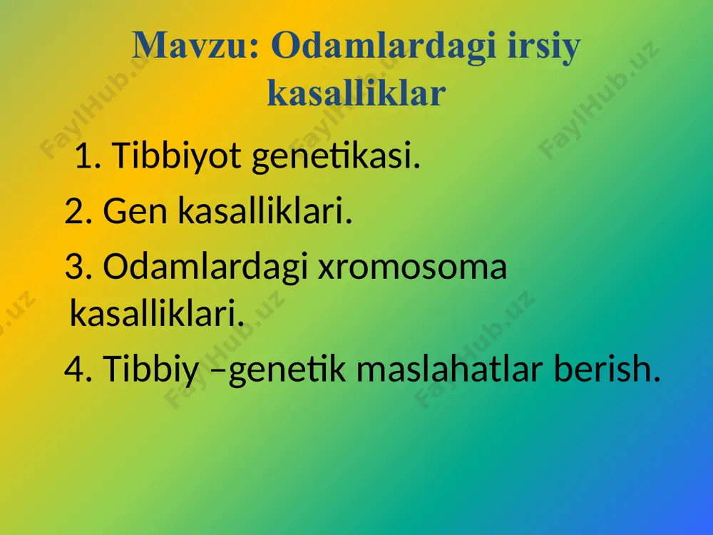 a yuz qismining g'ayritabiiy katta va bosh qismining esa juda kichik bo'lishi, bu kasallikka duchor bo'lgan shaxslar aqliy zaif bo'ladi. retsessiv gen kasalliklari. retsessiv gen kasalliklari geterozigota holda fenotipda namoyon bo`lmay, yashirin holda faoliyatsiz bo`lib , kasallik rivojlanmaydi. retsessiv gen genotipda geterozigota holatida yashirincha saqlana borib, uning keyingi avlodlarida gomozigota holatiga kelib, gen kasalliklarini paydo bo`lishiga sabab bo`ladi. : retsessiv gen kasalliklari. retsessiv gen kasalliklari albinizm; daltonizm fenilketonuriya gemofiliya albinizm kasalligi retsessiv genlarning gomozigota holatga o'tishi natijasida paydo bo'ladi. bu kasallik odamlar orasida 10000 tadan yoki 200000 tadan 1 tasida uchrashi mumukin.bu kasallik terida pigmentlri bo'lmasligi , sichlari oq va ko'rish qobiliyatida kamchiliklar bo'lishi , quyosh nuriga juda tasirchan bo'lishi bilan farqlanadi. fenilketonuriya fenilketonuriya-yangi tug'ilgan chaqaloqlarning 10000 tasidan 1 tasida uchraydi. agar o' vaqtida aniq tashxis qo'yib , chaqaloq ovqati tarkibidan fenilanin ajratib tashlanmasa, miya shakllanishi buzilib, mikrosefaliya rovojlanadi, aqliy zaiflik belgilari paydo bo'ladi. gemofiliya va daltonizm kasalliklari jinsiy x …