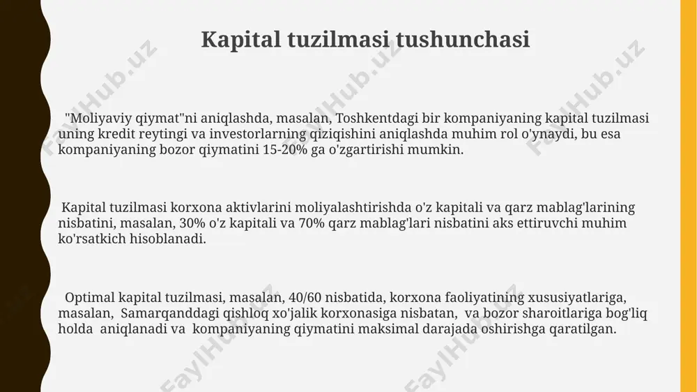ini ta'minlaydi, lekin o'sish sur'atini sekinlashtirishi mumkin. kapitalning xususiy va qarz mablag'lari nisbati 2023-yil holatiga ko'ra, aqsh kompaniyalarining o'rtacha qarz darajasi 30% atrofida bo'lib, bu esa moliyaviy xavfni oshiradi va potentsial daromadlarni cheklaydi. germaniyadagi kichik va o'rta biznes korxonalarining (kkk) 60% dan ortig'i o'z faoliyatini asosan xususiy kapital hisobidan moliyalashtiradi, bu esa ularning rivojlanishi uchun cheklovchi omil bo'lishi mumkin. kompaniyaning qiymati va kapital tuzilmasi aqshdagi tadqiqotlar shuni ko'rsatdiki, yuqori darajadagi qarz yuklamasi (masalan, 80%) kompaniyaning qiymati va rentabelligini pasaytirishi mumkin, shu sababli optimal kapital tuzilmasini topish muhimdir. kompaniyaning bozor qiymati 2023-yilda 50 million dollarga yetgan bo'lsa, uning kapital tuzilmasida 30% qarz va 70% aktsiyadorlik kapitali mavjudligi, moliyaviy barqarorlikni ta'minlash uchun muhimdir. o'zbekiston kompaniyalarining o'rtacha qarz darajasi 25% atrofida bo'lib, bu rivojlangan mamlakatlarga nisbatan past, ammo kapital tuzilmasini diversifikatsiya qilish orqali kompaniyaning qiymatini oshirish mumkin. kapital tuzilmasini boshqarish 2023 yil ma'lumotlariga ko'ra, samarqanddagi korxonalarning 60% dan ortig'i kapital tuzilmasini optimallashtirish uchun …