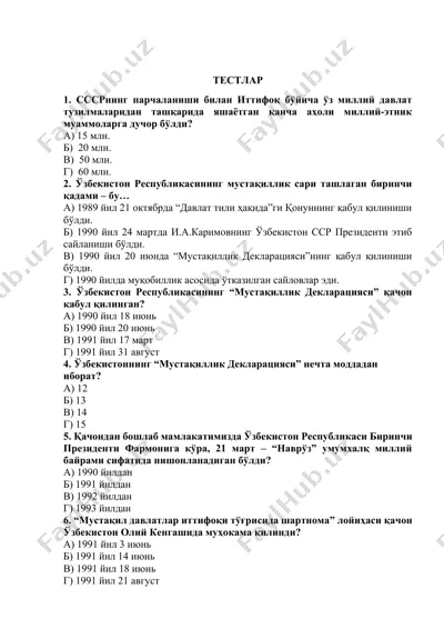 mustaqillik declaratsiyasi haqida testlar — DOCX