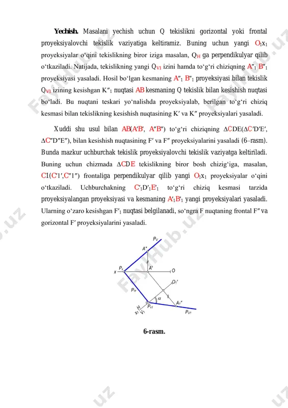 yalarni aniqlanadi. mazkur k′ va k″ nuqtalar a nuqtaning a′ va a″ proyeksiyalaridan uchburchakning gorizontal hamda frontallariga mos ravishda tushirilgan perpendikulyarning proyeksiyalarida bo‘ladi. 9-rasm.