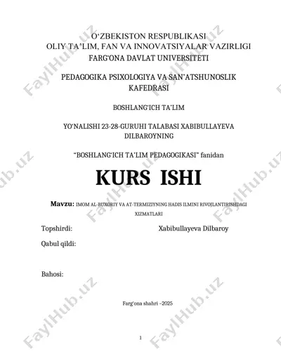 "imom al-buxoriy va at-termiziyning hadis ilmini rivojlantirishdagi xizmatlari" — DOCX