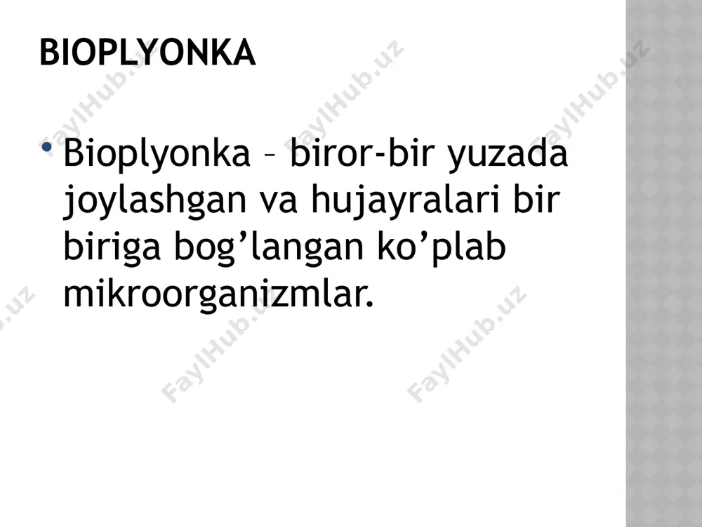 ruvchi mikroorganizmlar zoglayniy: sphаerotilus dichotomus sulfo bakteriyalar: desulfovibrio и desulfotomaculum temir bakteriyalari: gallionella, leptothrix, crenothrix, siderocapsa, arthrobacter geteretrof bakteriya: pseudomonas, aeromonas, alcaligenes, acinetobacter, arthrobacter, bacillus, flavobacterium, nocardia, sphingomonas, agrobacter, zamburug’: cladosporium, phoma, alternaria, exophiala, aspergillus, penicillium, cephalosporium kimyoviy yoqotish vositalari xlor xloramin natriy gipoxlarit xlor dioksidi vadarod periks azon poliguanidini bioplyonkaning paydo bo’lishining oldini olish yo’llari suv manbalarini ifloslanishdan himoya qilish. ozuqaviy tarkibni minimal qo’llash bilan ozuqaviy moddalarni chiqarib tashlash, gidrodinamik rejimlarni tanlash, materiallarning yopishishini oldini himoya qoplamalaridan foydalanish, hosil bo’lga bioplyonkani yoq qilish. e’tiboringiz uchun raxmat image1.jpeg image2.png image3.jpeg image4.png image5.jpeg image6.png image7.jpeg image8.jpeg /docprops/thumbnail.jpeg
