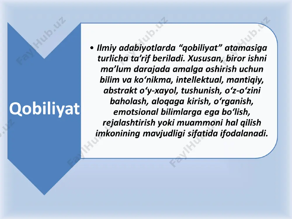 arining sharoitga qarab tegishli tabiiy zehn, nishonalarni aniqlash yo'li bilan, ikkinchidan mutaxassis (muzikant, artist, rassom va hokazo) rahbarligida tizimli faoliyatga jalb etish orqali shaxsning tabiiy xususiyatlarini chiniqtirish va rivojlantirish yo'li, bilan uchinchidan, umumlashgan aqliy operatsiyalarni shakllantirish yo'li bilan borishi kerakki, bu operatsiyalar umumiy va maxsus axborotni engil va samarali o'zlashtirishni, tanlagan faoliyat bo'yicha ko'nikma va malakalarni hosil qilishni ta'minlasin. to'rtinchidan, o'quvchining maxsus qobiliyatini kamol toptirishni jadallashtirishni ta'minlovchi shaxsni har tomonlama rivojlantirish yo'li bilan. beshinchidan, shaxsning faollik alomatlarini tarbiyalash yo'li bilan borish kerakki?, bu alomatlari dastavval mehnatsevarlik, mustaqillik, tashabbuskorlik, puxtalik, qat'iyatlik, sinchkovlik va tanqidiylikdan iborat. v.a.krutetskiy matematik qobiliyat tuzilishiga quyidagilarni kiritadi: 1) qobiliyatda bolalarning matematik materialni qabul qilish borasidagi qobiliyatiga matematik ob'ektlar, munosabat va amallarni shakl holiga keltirib idrok qilish matematik materialga o'ziga xos «yig'ma» analitik-sintetik ishlov berish qobiliyati qayd qilish lozim. 2) qobiliyatli o'quvchilarning fikrlashi quyidagilar bilan: a) miqdoriy va fazoviy munosabatlar, sonlar va belgilar simvolikasi sohalarida mantiqiy fikrlash qobiliyati; …