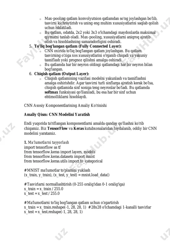 uqoridagi ma'lumotlar uchun chiqishlarni o'zgartirish (to'liq tasniflash uchun) y_train = to_categorical(y_train, 10) y_test = to_categorical(y_test, 10) 2. cnn modelini qurish model = models.sequential() # konvolyutsion qatlam model.add(layers.conv2d(32, (3, 3), activation='relu', input_shape=(28, 28, 1))) # max-pooling qatlam model.add(layers.maxpooling2d((2, 2))) # yana bir konvolyutsion qatlam model.add(layers.conv2d(64, (3, 3), activation='relu')) # yana max-pooling model.add(layers.maxpooling2d((2, 2))) # yana bir konvolyutsion qatlam model.add(layers.conv2d(64, (3, 3), activation='relu')) # to'liq bog'langan qatlam model.add(layers.flatten()) # konvolyutsion qatlamdan chiqishlarni bir o'lchovli vektor ga aylantirish model.add(layers.dense(64, activation='relu')) # chiqish qatlam (softmax) model.add(layers.dense(10, activation='softmax')) # 10 ta sinf uchun 3. modelni kompilyatsiya qilish va o'qitish # modelni kompilyatsiya qilish model.compile(optimizer='adam', loss='categorical_crossentropy', metrics=['accuracy']) # modelni o'qitish model.fit(x_train, y_train, epochs=5, batch_size=64) # modelni baholash test_loss, test_acc = model.evaluate(x_test, y_test) print(f'test accuracy: {test_acc}') tavsif: • konvolyutsion qatlamlar tasvirlarning muhim xususiyatlarini ajratib olishadi. • max-pooling qatlamlari tasvirlarni kichraytirish va o'qish tezligini oshiradi. • to'liq bog'langan qatlamlar modelni yakunlash va tasniflash uchun ishlatiladi. cnnning ishlash prinsipi …
