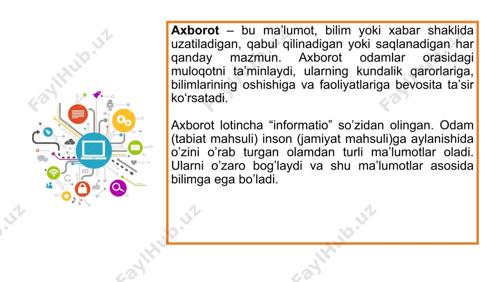 ekologik ongni oshirish mumkin. axborot texnologiyalari yordamida ekologik muammolar va ularning oqibatlarini kuzatish va monitoring qilish amalga oshiriladi. aholining atrof-muhitni himoya qilishdagi roli haqida ma’lumotlar tarqatish orqali ekologik muammolarni bartaraf etishga hissa qo‘shiladi. axborotni qanday turlarga bo’lamiz? matn. matn – bu ma’lumotlarni ifodalash shakli bo’lib, u mazmunan yagona, yaxlit va tanlangan tilning belgilari ketma-ketligidan iborat. tasvir. tasvir – bu biror voqea, hodisa yoki jarayonlarni o’zida ifodalagan rasm bo’laklari va ranglardan iborat ma’lumotdir. foto, manzara, matematik funksiyalar grafigi va shunga o’xshash ma’lumotlar hisoblanadi. animatsiya. animatsiya – ma’lum tezlikda tasvirlarni almashtirish mahsulidir. bunda ma’lum vaqt oralig’ida, ma’lum sondagi bir xil o’lchamga ega bo’lgan tasvirlar tezkor almashtiriladi. har qanday maxsulotning o‘lchov birligi mavjud, masalan litr, metr, kilometr, kilogramm, volt, amper, kubometr va boshqalar. axborotning 3 ta o’lchovi mavjud sintaktik semantik pragmatik axborotni o’lchov birliklari haqida tushunchangiz? sintaktik adekvatlik-bu axborotni uzatish tezligi, aniqligi kodlashtirish tizimi tashqi ta’sirlarning mavjudligi kabi jarayonlardan iborat. semantik adekvatlik-bu uzatilayotgan …