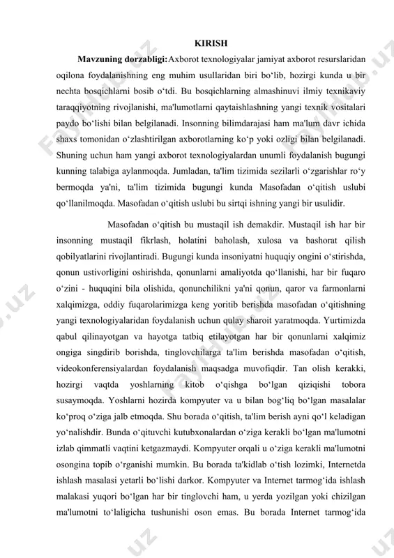 d va yangi yaratilayotgan dasturlarga asoslanadi. kompyuter grafikasi jarayonlarni uch o`lchovli fazoda qanday kechishini aniq tasvirlash imkoniyatini yaratdi. shu boisdan hozirda mavjud amaliy dastur paketlari orqali ko`rilayotgan masalaning asosiy qiymatlarini kiritgan holda uning natijasini grafik shaklda olishimiz mumkin. kurs ishining maqsad va vazifalari: grafik muharrirda sohani belgilash uskunalari qo'llash mavzusini o'qitish metodikasi haqidagi malumotlarni umumlashtirish va qisqacha tavsiflash. kurs ishi ob’yekti va predmeti: keng tarqalgan grafik muharrirlar va ularning xususiyatlari.adobe photoshop grafik muharrirda sohani belgilash va ajratib olish usullari o’qitish metodikasi kurs ishning tadqiqot uslubi va uslubiyoti: ilmiy ommabop manbalardan to’plangan ma’lumotlar tahlil qilib,xulosa va takliflar qilish. kurs ishi tuzilishi: bajarilgan kurs ishi kirish qismi, ikkita bob va qilingan xulosalardan iborat. ishda o’rganilishi e’tiborga olingan ma’lumotlar tushunarli ravishda ifodalash uchun chizma jadvallar va rasmlar berildi.ishga qo’yilgan maqsadga erishishi uchun to’plangan adabiyotlar manbalarning nomlari va elektron manzillari keltirildi. i bob.grafik muharrirda sohani belgilash uskunalari qo'llash mavzusini o’qitish 1.1. keng tarqalgan grafik …