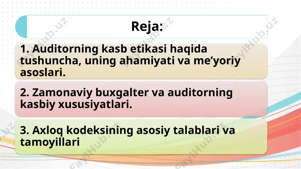 uv qobiliyati: rahbariyat, mijozlar va boshqa hamkasblar bilan samarali aloqa o‘rnatish. 6. adaptivlik va doimiy o‘qish: yangi qonunlar, standartlar va texnologik vositalar o‘zgarishiga moslashish va doimiy ravishda malaka oshirish. 3. axloq kodeksining asosiy talablari va tamoyillari auditorlar va buxgalterlar uchun xalqaro axloqiy kodeks quyidagi asosiy talablarga asoslanadi: asosiy tamoyillar: 1. halollik: auditor barcha faoliyatida rostgo‘ylikni saqlashi kerak. 2. mustaqillik va xolislik: qaror qabul qilishda hech qanday tashqi bosim yoki manfaat ta’siriga tushmaslik. 3. maxfiylik: ish jarayonida olingan ma’lumotlarni sir tutish va ruxsatsiz oshkor qilmaslik. 4. professional malaka va ehtiyotkorlik: ishni yuqori sifatda bajarish, standartlarga rioya qilish va o‘z malakasini muntazam oshirish. 5. kasbiy xatti-harakatlar: auditor qonunlarga rioya qilishi va obro‘sini pasaytiruvchi harakatlardan saqlanishi lozim. kodeksning talablari: • manfaatlar to‘qnashuviga yo‘l qo‘ymaslik: auditor mijoz manfaatlari bilan o‘zining shaxsiy yoki boshqa professional manfaatlari to‘qnashmasligini ta’minlashi kerak. • qonunchilik va me’yorlarga rioya qilish: auditorlik faoliyatida mahalliy va xalqaro qoidalarga amal qilish. • mustaqil …