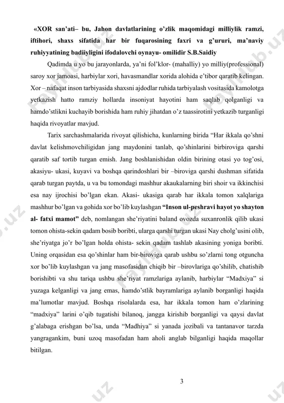 mavjud. boshqa risolalarda esa, har ikkala tomon ham o’zlarining “madxiya” larini o’qib tugatishi bilanoq, jangga kirishib borganligi va qaysi davlat g’alabaga erishgan bo’lsa, unda “madhiya” si yanada jozibali va tantanavor tarzda yangragankim, buni uzoq masofadan ham aholi anglab bilganligi haqida maqollar bitilgan. masalan, "ho-zamzam” qo’shig’ini tojikistonda fol’klor uslublarida aytilishini uchratish mumkin. bu qo’shiq davrlar o’tib ancha takomillashib, zamonaviy musiqa ijrochiligida o’z o’rniga ega bo’lgan. uning fol’klor uslubiga birmuncha yaqinligi, usul tartiblari buxoroning «ufar»iga o’xshab ketadi. biroq, buxoro an’anaviy ufarining ijro etilish xususiyatini o’zga biror etnik guruh yoki xalqniki bilan solishtirib bo’lmaydi. u faqat buxoroga xos uslubiy shaklda ekanligi bilan alohida ajralib, sezilib turadi. r.abdullaev tadqiqotida, asosan o’zbek, turkman, qozoq, qirg’iz va qoraqalpoq kabi turkiyzabon aholi bilan birga, fors-tojik vakillari ham yondosh yashashi natijasida milliy an’analarning musiqiy-ma’naviy hayotda ko’plab urfodatlar, bayramona bazmlar, diniy marosimlarning naqadar qo’shilib-chatishib ketganligi haqida qiziqarli fikr-mulohazalar yuritadi qadimdan bizga ma’lum cholg’ular tarannumidan tashqari "chapak", "qars" hamda qo’lga …