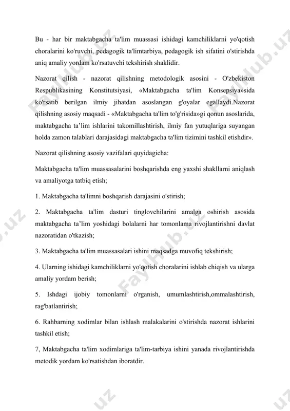 k yordam ko'rsatishdan iboratdir. maktabgacha ta'lim vazirligining maktabgacha ta’lim boshqarmasi o'z qaramog'idagi avtonom, viloyat va ularning joylaridagi bo'limlarini, pedagogik bilim yurtlarini,maktabgacha ta'lim muassasalarini nazorat qilish huquqiga egadir.maktabgacha ta'lim bo'limlari va maktabgacha ta'lim muassasalarini nazorat qilish ilmiylik, hayot bilan bog'liq tamoyillari asosida amalga oshiriladi. aniqlangan kamchiliklarni tuzatish bo'yicha amaliy yordam ko'rsatish hamda uning bajarilishini doimo tekshirib turish bilan yakunlanadi. maktabgacha ta'lim muassasalari rahbar va mutaxassislarini qayta tayyorlash va ularning malakasini oshirish instituti - o'zbekiston respublikasi maktabgacha ta'lim vazirligining tarkibiy bo'linmasi hisoblanadi hamda maktabgacha ta'lim muassasalari rahbarlarini va mutaxassislarini qayta tayyorlaydi va ularning malakasini oshiradi, yangi ilg‘or pedagogik texnologiyalarni joriy etadi, maktabgacha ta'limda axborotkommunikatsiya texnologiyalaridan samarali foydalanish masalalarida uzluksiz metodik xizmat ko'rsatadi. maktabgacha ta'lim tashkilotlari oila va jamiyatning bolalarga g'amxo'rlik qilish, milliy hamda mintaqa xususiyatlarini hisobga olgan holda bolalarni har tomonlama barkamol qilib tarbiyalash va rivojlantirishga bo'lgan ehtiyojni qondirish maqsadida tashkil etiladi. muassasalar mustaqil ravishda, o'z tashabbusi bilano'z faoliyatiga taalluqli, agar ular …